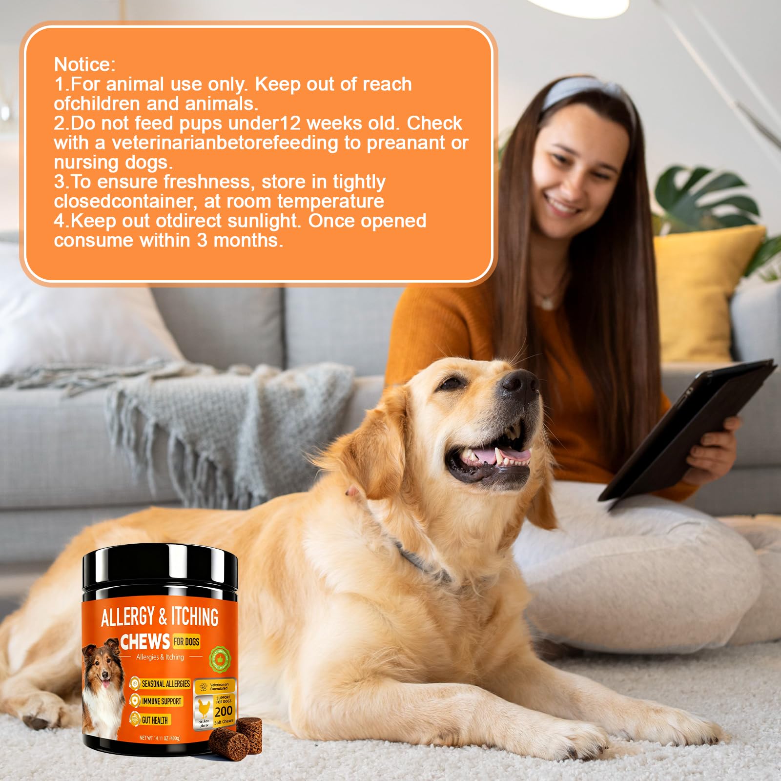 Dog Allergy Chews 200ct,Probiotics for Dogs Itching Skin Relief for Skin and Paw Licking, Dog is Human Multivitamin Itch Relief for Seasonal Allergies-Support a Healthy lmmune System Chicken Flavor — view 4