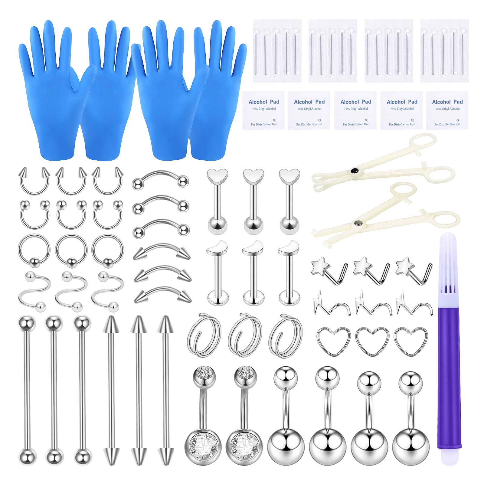 BLZ 80PCS Gold Piercing Kit Stainless Steel Piercing Needle 20G 18G 16G 14G 12G Belly Button Ring Ear Nose Piercing Jewelry with Clamps Gloves