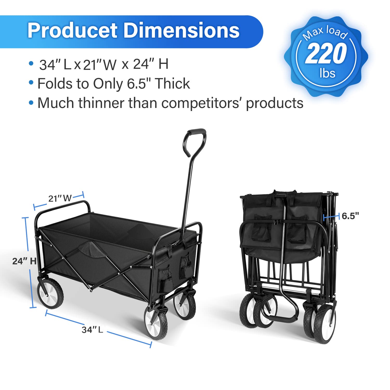 YSSOA Folding Garden Cart PRO, Collapsible Wagon with 360 Degree Swivel Wheels & Adjustable Handle, Black, 220lbs Weight Capacity