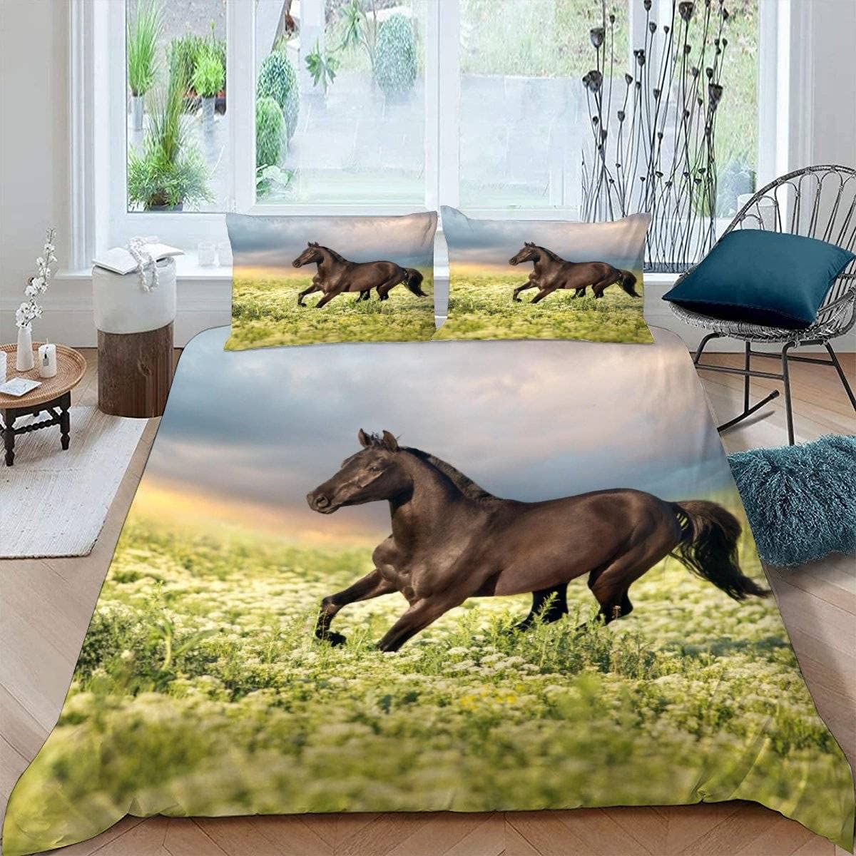RFFLUX 3D Horse Double Bedding Duvet Cover Set 3 Pieces 200x200 Ultra Soft Microfiber Gallop Horse Comforter Cover with Zipper Easy Care Quilt Cover with 2 Pillowcase for Room Decor — image 1