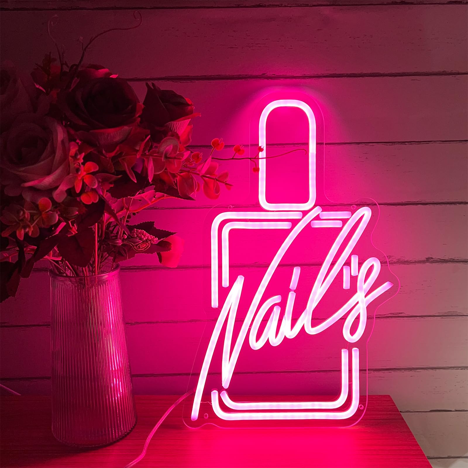 Enseignes Lumineuses Nails LED Neon Wall Decoration Sign Rose Neon Signs Night Lights pour Décoration Murale, Chambre,Magasin de Manucure(26 x 40cm)
