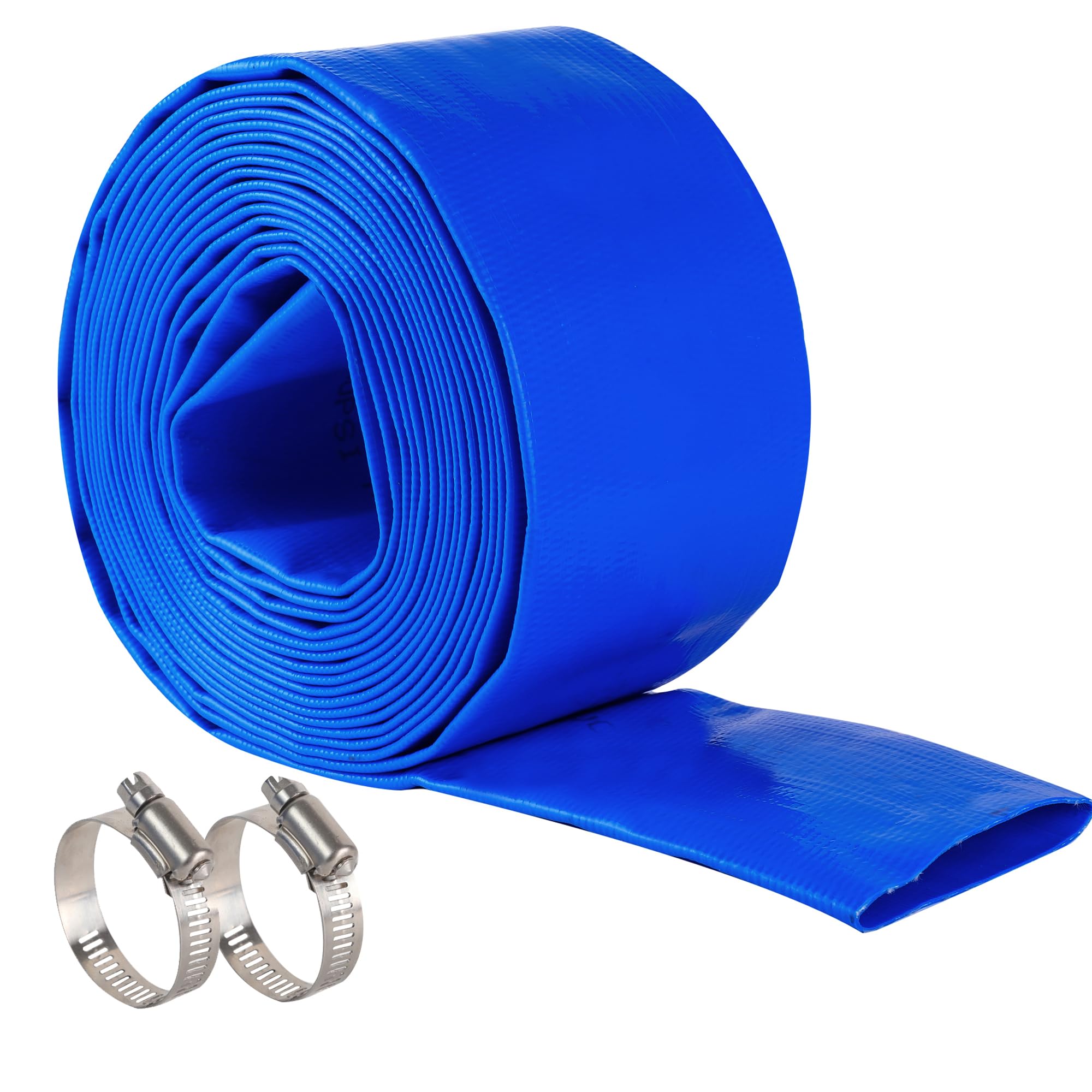 Manguera de retrolavado de piscina de 3 pulgadas x 50 pies, manguera de descarga de agua plana de PVC reforzado azul resistente para bomba de filtro de piscina, con 1 abrazadera