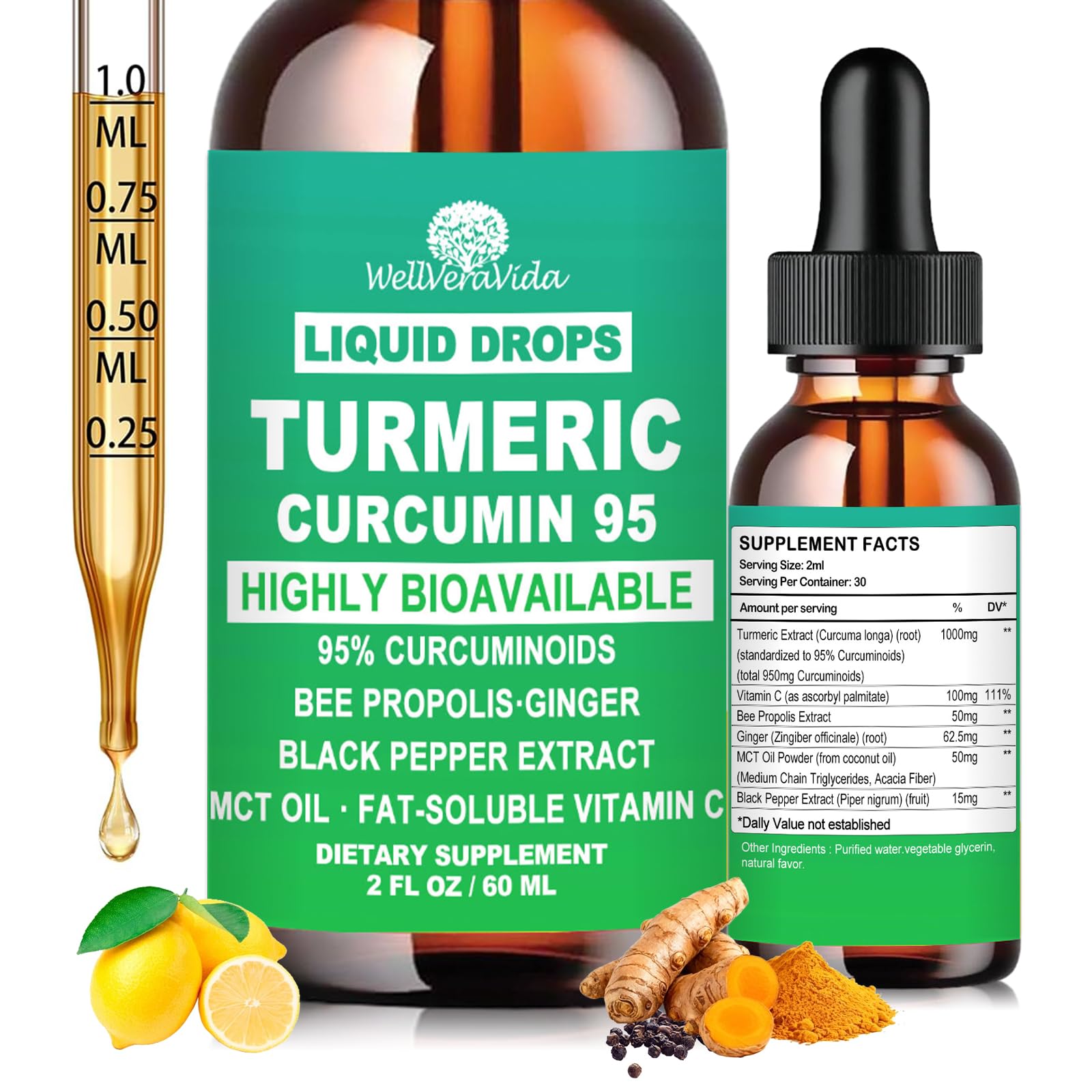 Turmeric Curcumin Supplement, Liquid Turmeric with Black Pepper & Ginger