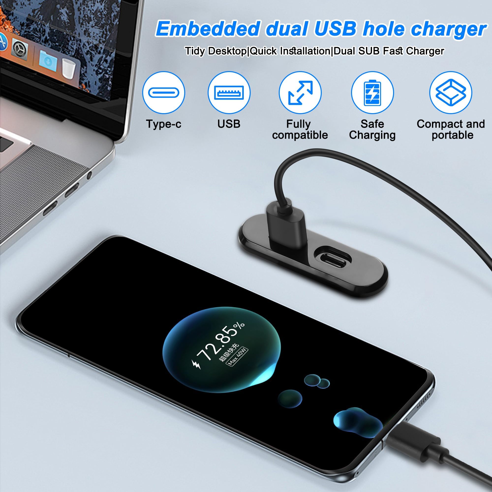 XMSJSIY Gniazdo zasilania biurkowego USB C, 5 V/2 A, USB typu A, typ C, wbudowany port ładowania, telefon, ładowarka biurkowa, stacja na sofę, stół, stolik nocny, stół warsztatowy, biuro, dom, 1,2 m