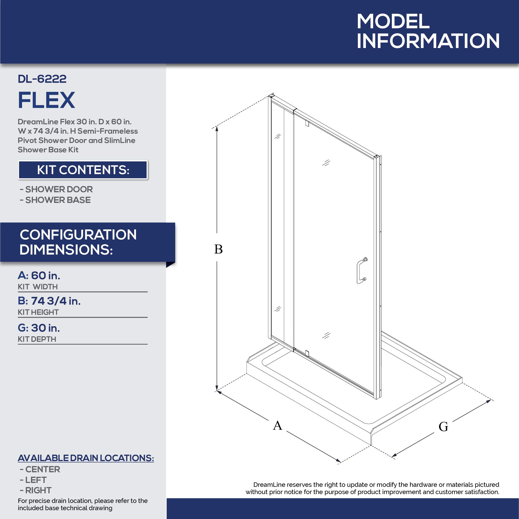 DreamLine Flex 30 in. D x 60 in. W x 74 3/4 in. H Semi-Frameless