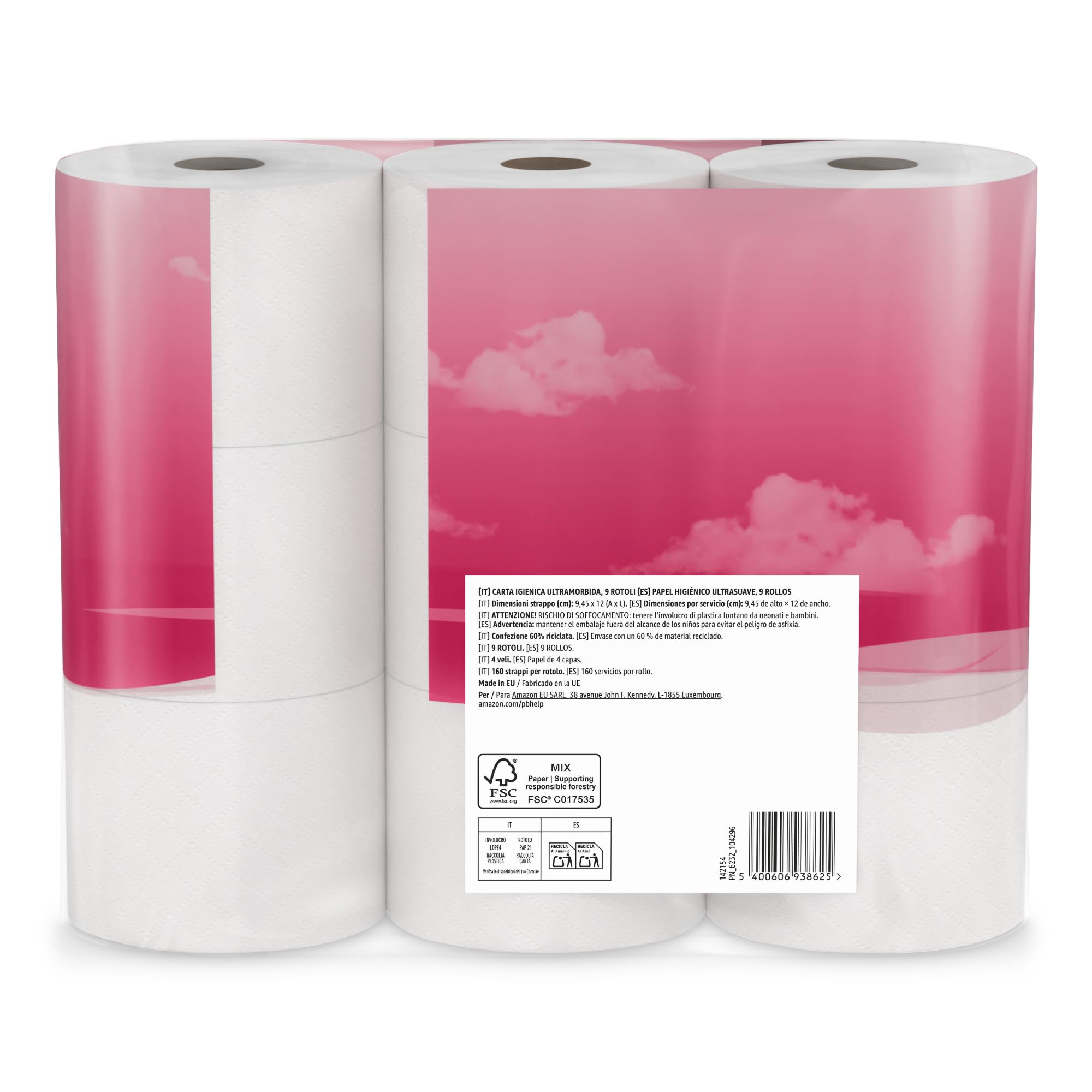 by Amazon Papel Higiénico Ultrasuave, 4 Capas, 9 Rollos (1 Paquete de 9), 160 Hojas por Rollo, Certificado FSC