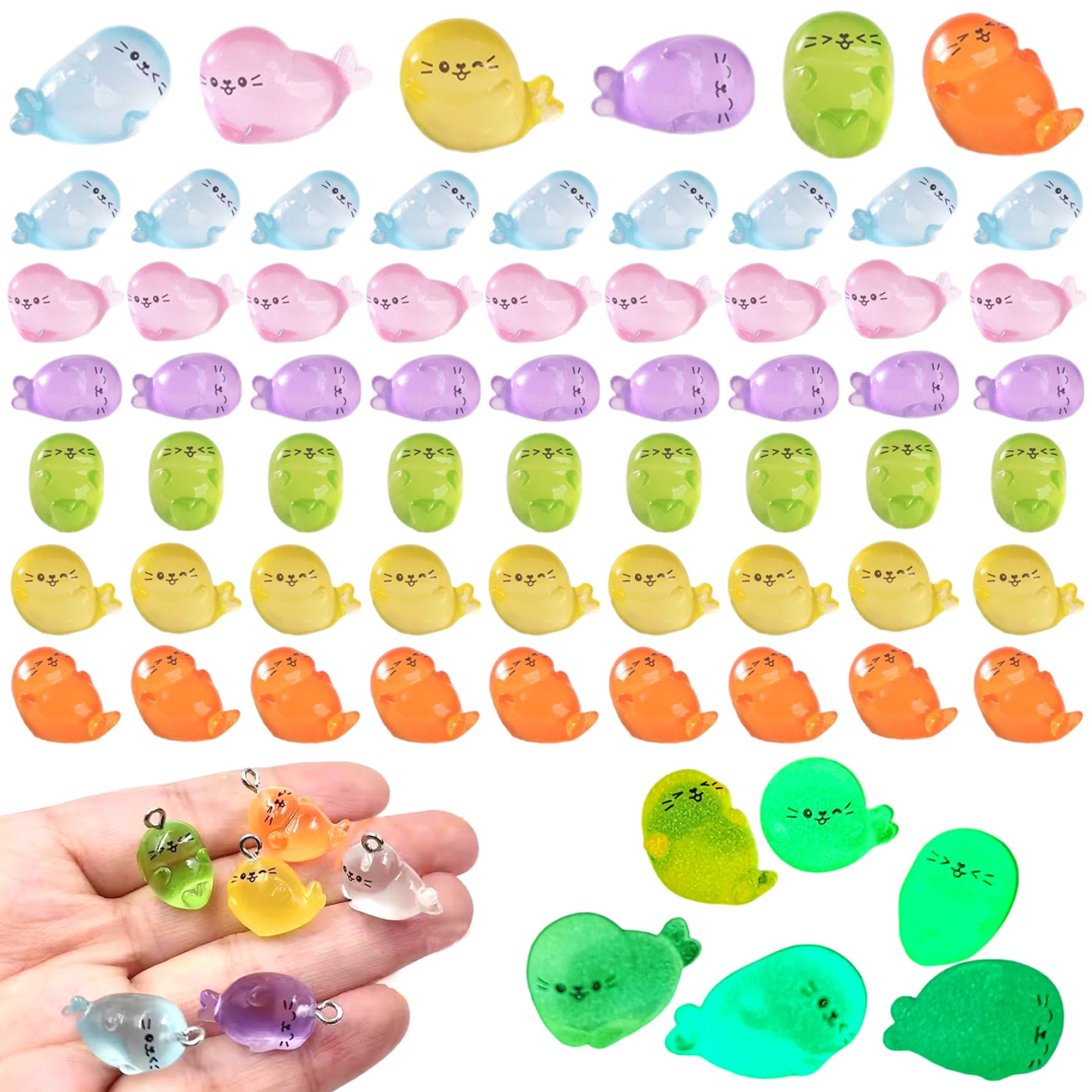 Rwigeboo 60Pcs Luminous Mini Resin Animals, Simulation Cute Seal Sea Animals Figures, 6 Colors Fish Tank Decorations for Home Sea Figures