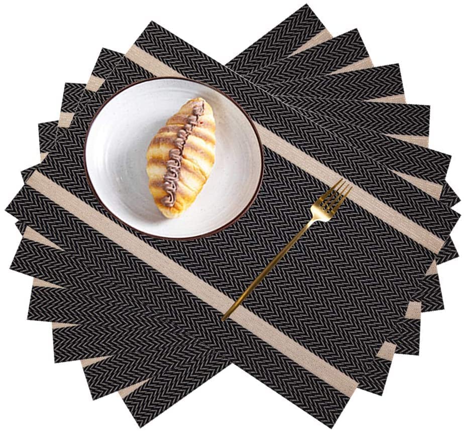 Image of YELONA Placemats Set of 4, Heat-Resistant Woven Vinyl Table Mats, Non-Slip & Washable Dining Tablemats for Kitchen & Dinner Decor, Black & Gold (45cm x 30cm)