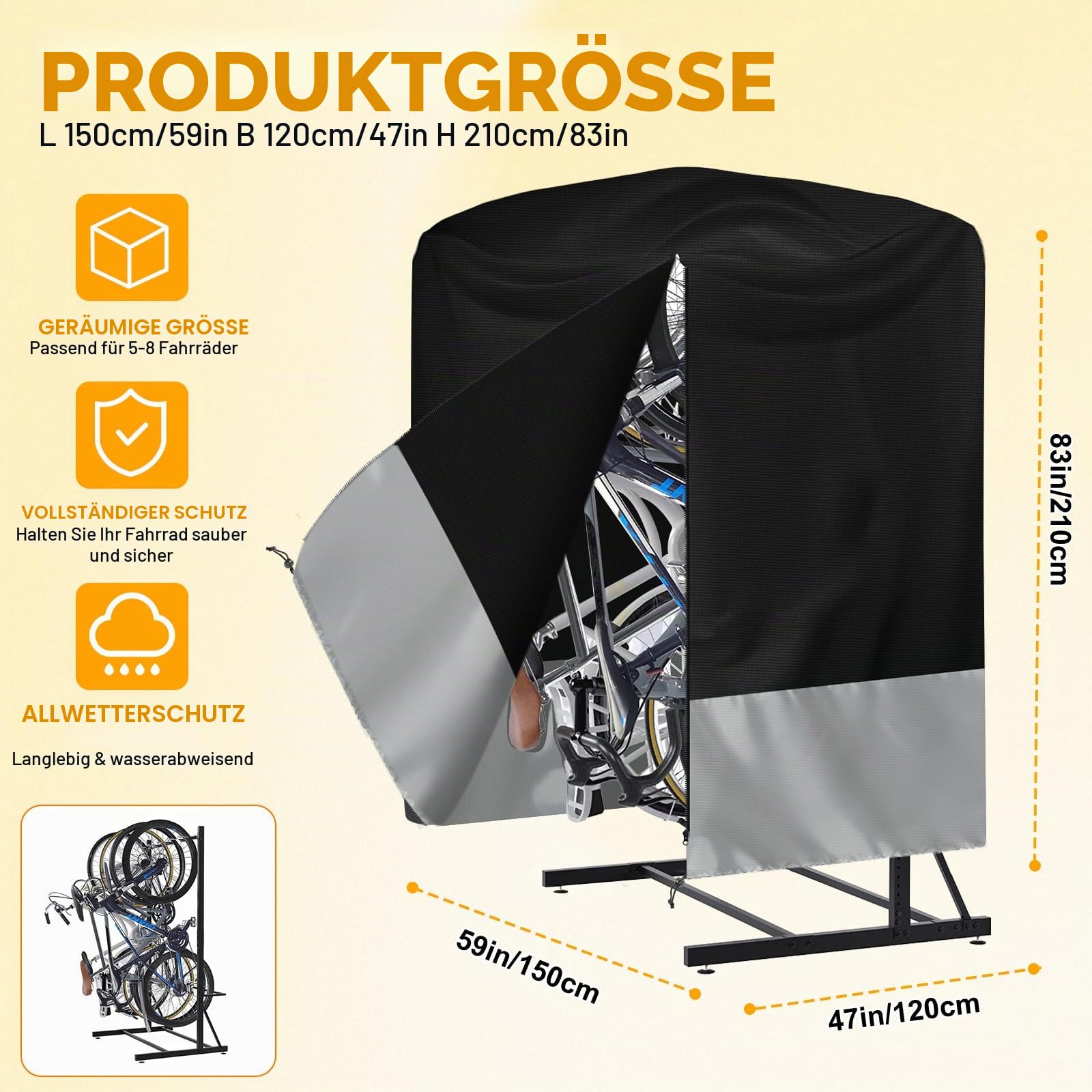 Fahrradabdeckung Wasserdicht Fahrradgarage 420D Oxford-Stoff Fahrradplane | Outdoor-Schutz vor Sonne, Regen und Schnee für 5-8 City-, Mountain-, Elektro- und Tandemfahrräder