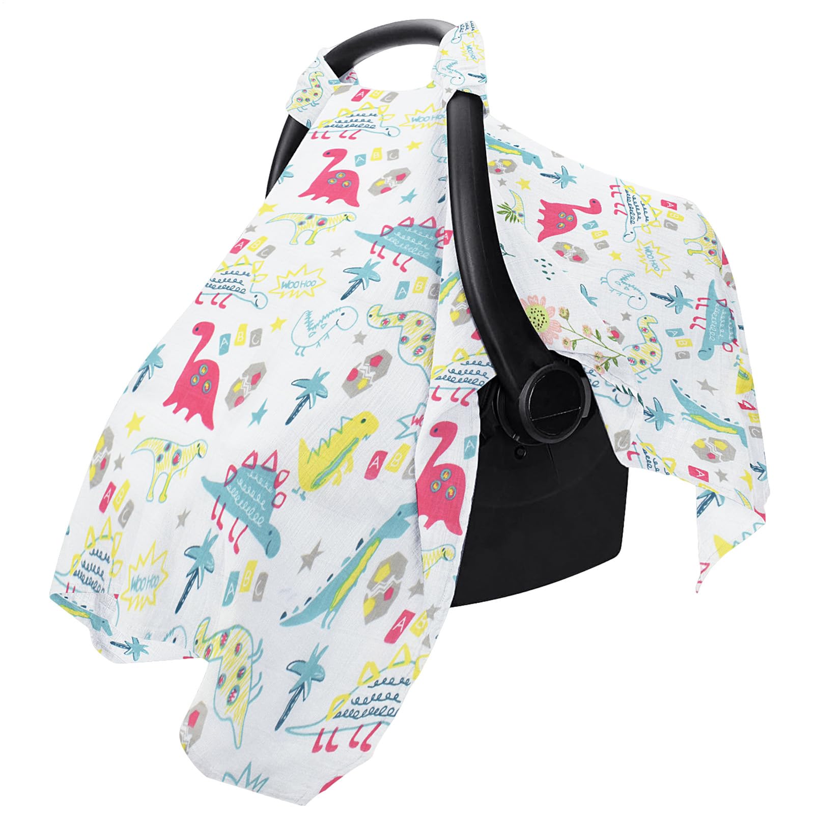 Kid Carseat Cover - Baby Stroller Sun Shade, Carrier Canopy | Breathable Muslin Cotton Car Seat Cover, Universall Fit for Girls & Boys, Dinosaur & Floral Design for Travel, Outdoor, Summer