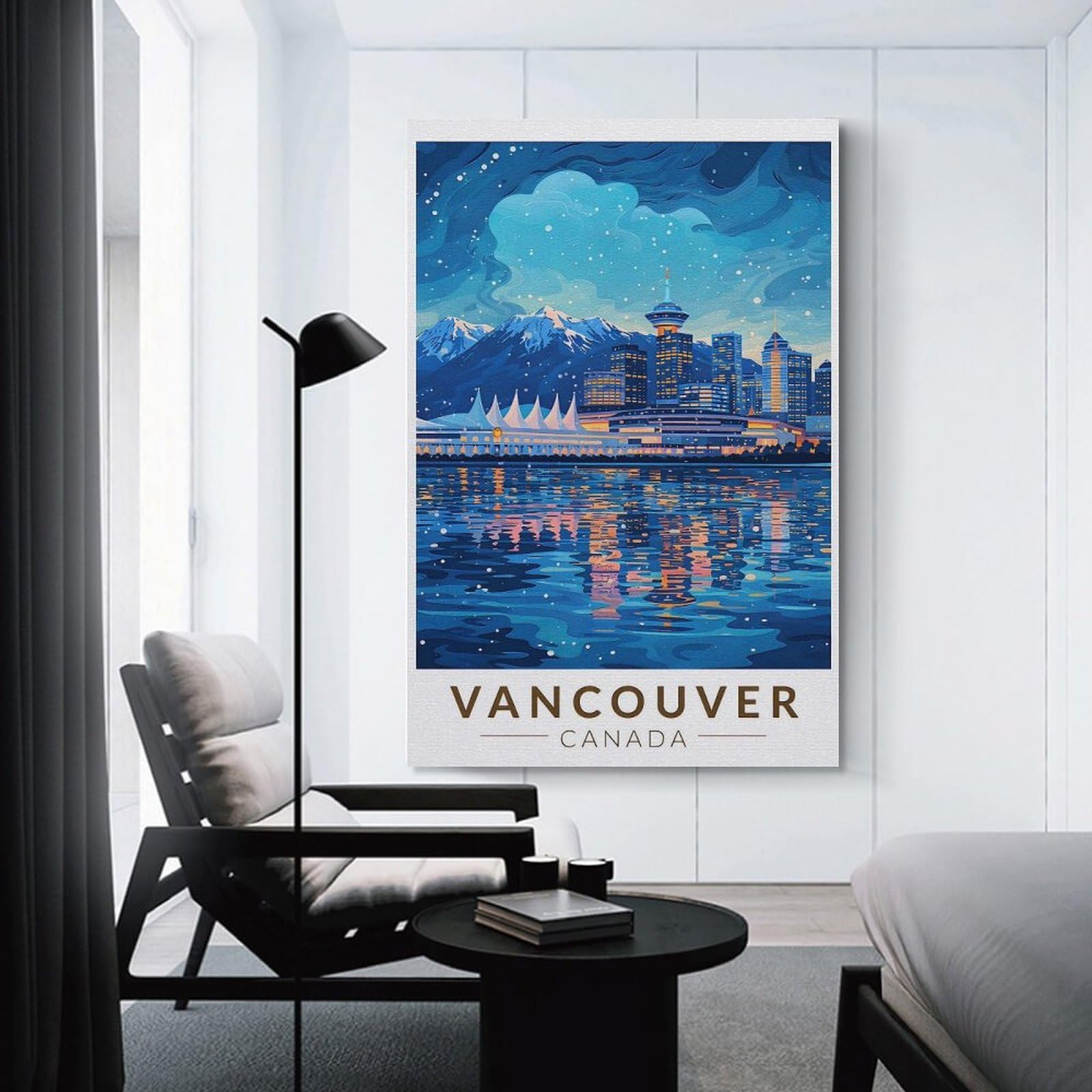 Junmoney Wall Picture Print Vancouver Skyline at Night, 16x24inch(40x60cm), for Entryway, Lounge Links Or Small Walls, Home Artwork for First Impressions