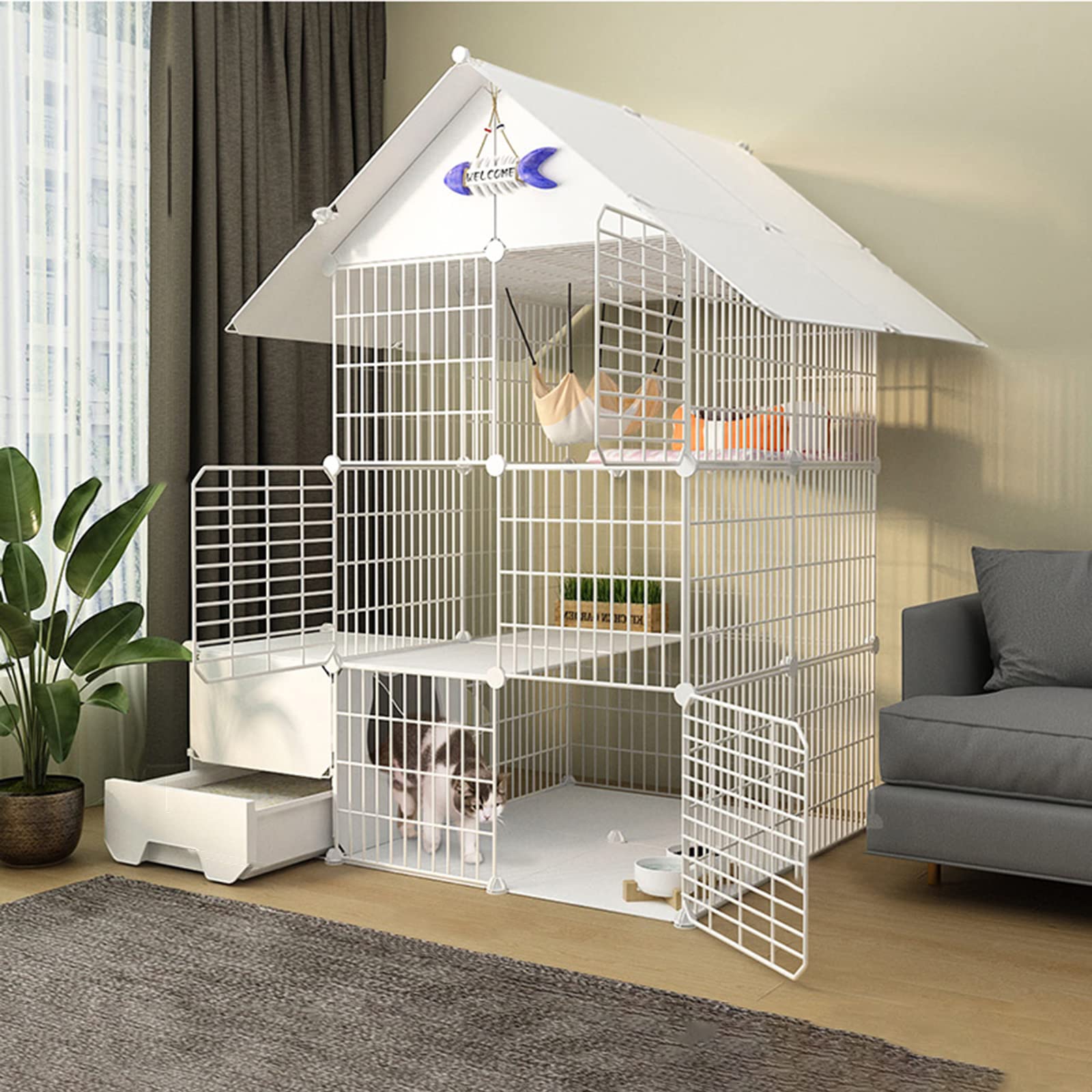 asdchZen Pet Cages For Cats,Cat Cages Indoor Large With Litter Box,Wire Cat Cage,3 Tier Cat Cage Large,Collapsible Cat Cage,Ideal For 1-4 Cats,C,75 * 85 * 145Cm,C-111 * 85 * 145cm