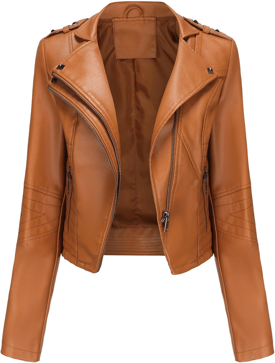 JEsilunmaMY Women's Rivet Short Leather Biker Coat Asymmetric Zip Slim Motorcycle Jacket Spring Fall Cropped Leather Jacket