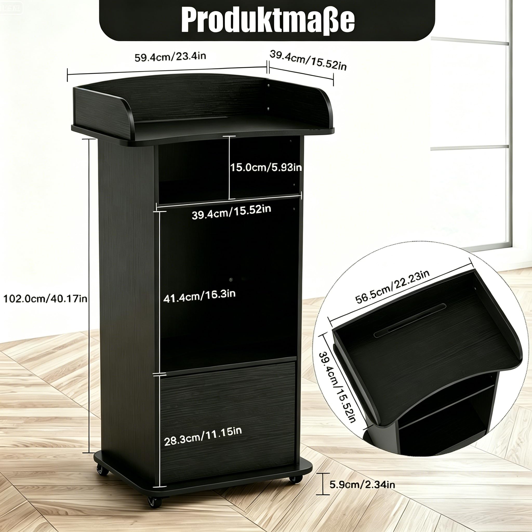 Holz-Rednerpult, Stehpult mit Rollen, mit Laptoptisch Funktion und 3 Ablageflächen, Ideales Rednerpult für Kirchen, Vorträge, Schulen und Seminare (Schwarz)