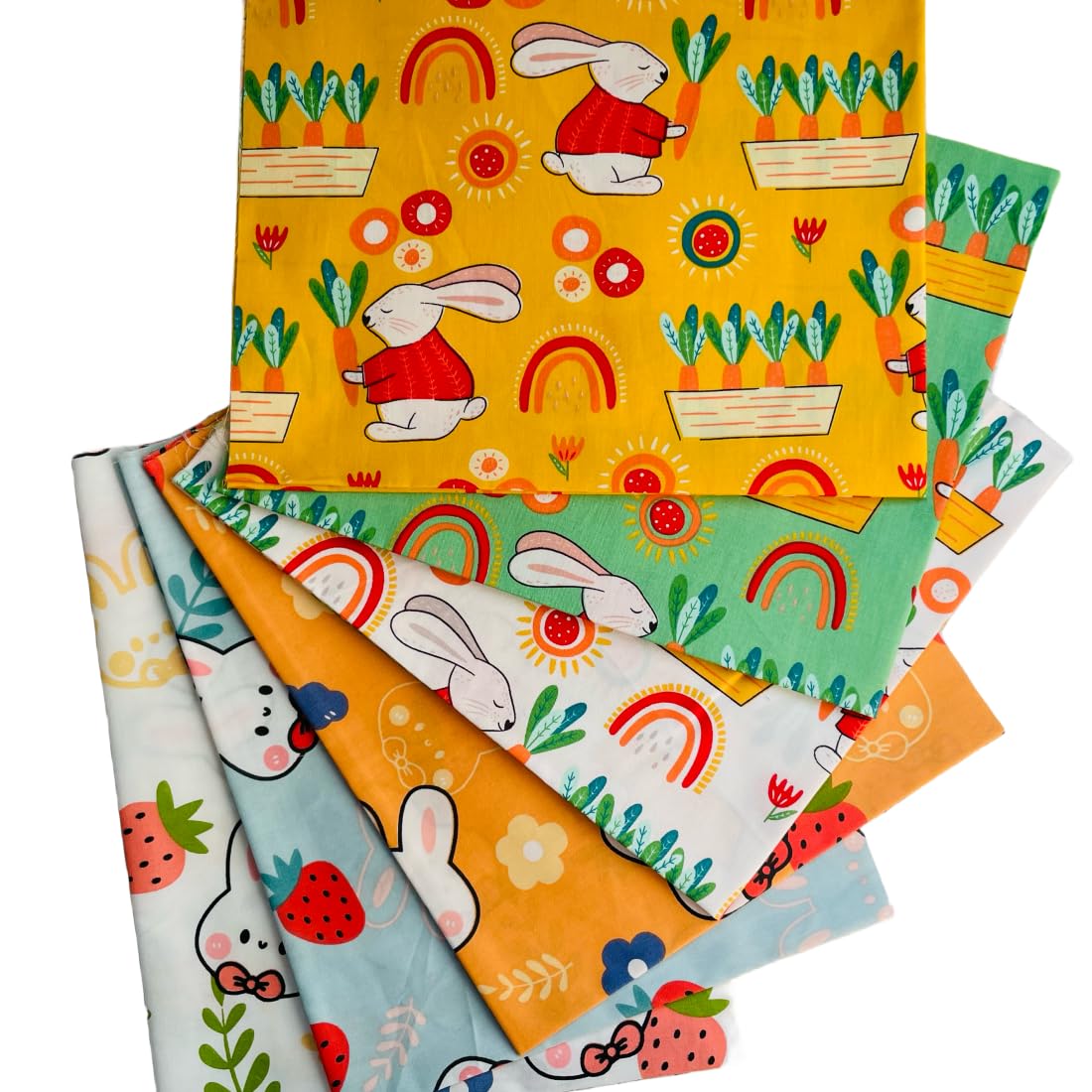 Cute Bunny Quilting Fabric Bundles, Easter Print Cotton Fat Quarters Fabric Bundles for Baby Girl, Strawberry Rabbit Fabric for DIY Patchworks