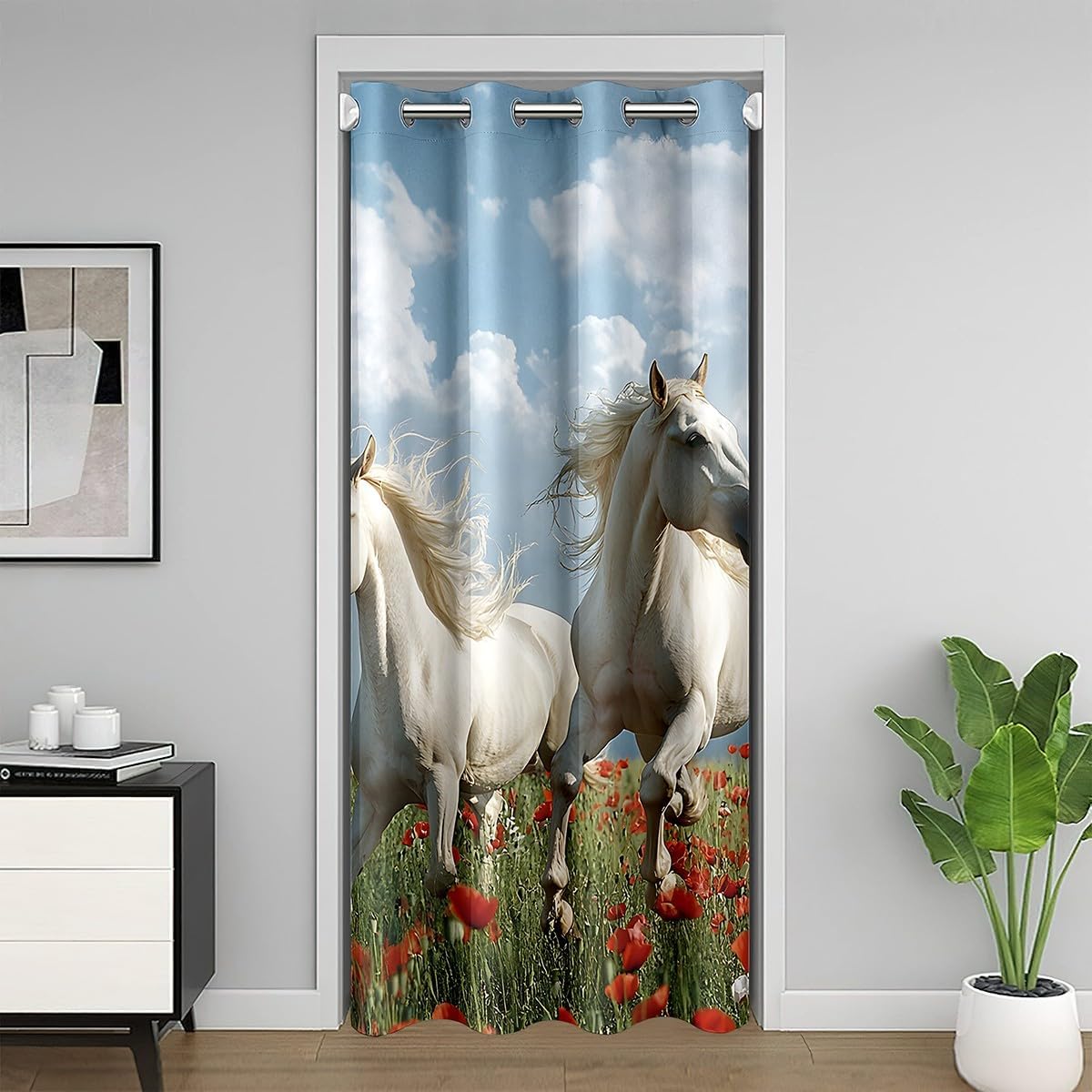 Feelyou Galloping Horse Closet Door Cover Curtain for Living Room 52x80 Inch 1 Panel White Cloud Door Curtain for Doorway Privacy30%-50% Room Darkening Blackout CurtainDoors with Windows Room Decor