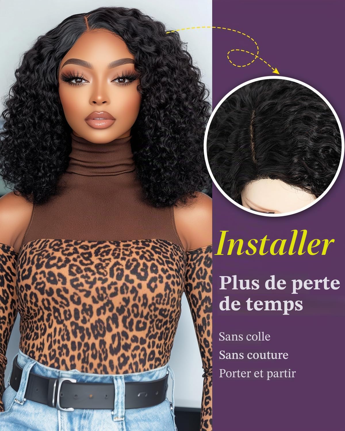 FASHION IDOL Bob court bouclé Perruque de cheveux humains Précoiffée Glueless Wear and Go Lace Perruque 200% Densité Améliorée Secret invisible Glueless Perruques de cheveux humains