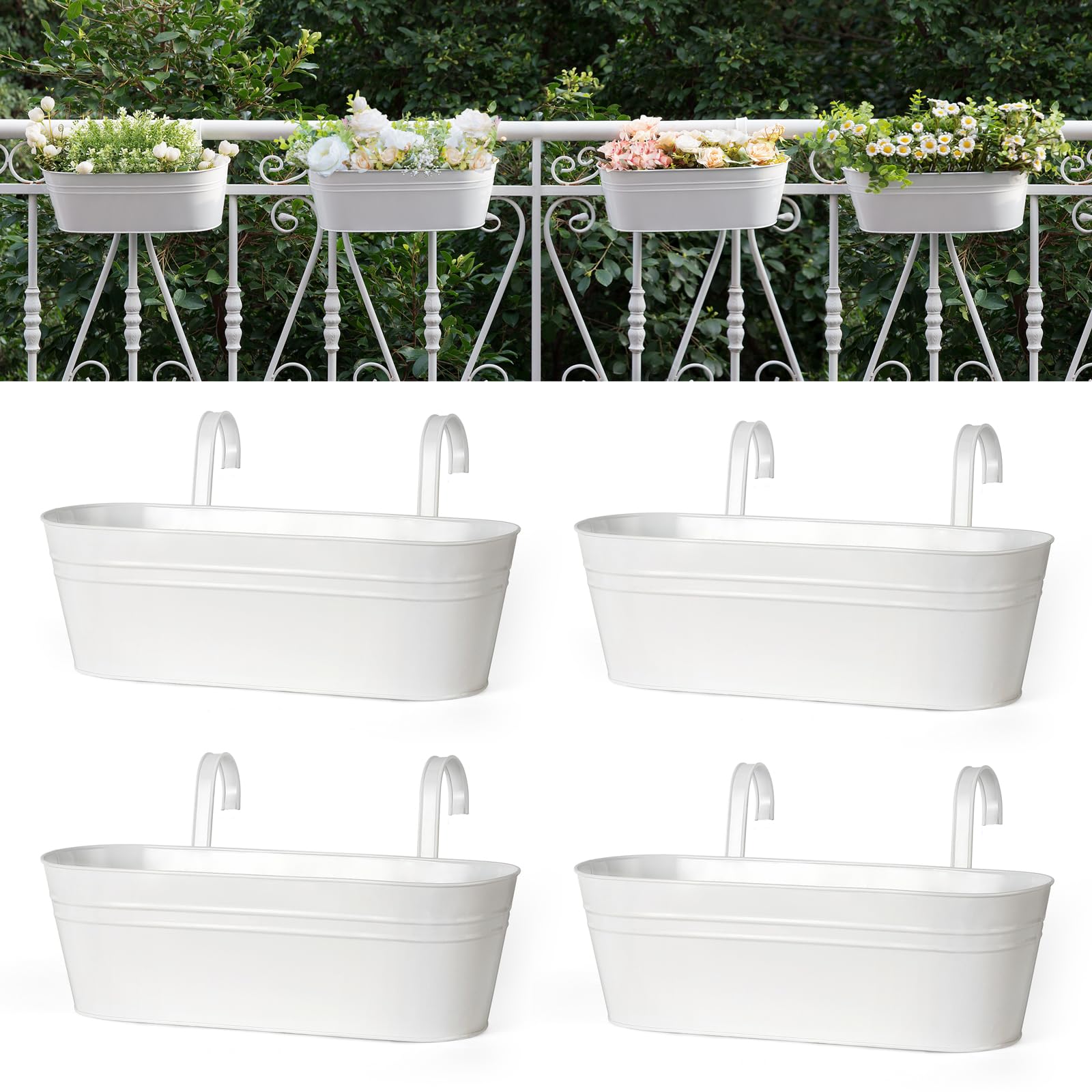 Dahey 4 Pcs Metal Iron Hanging Flower Pots for Railing Fence 15.7 Inch Hanging Bucket Pots Countryside Style Window Flower Plant Holder with