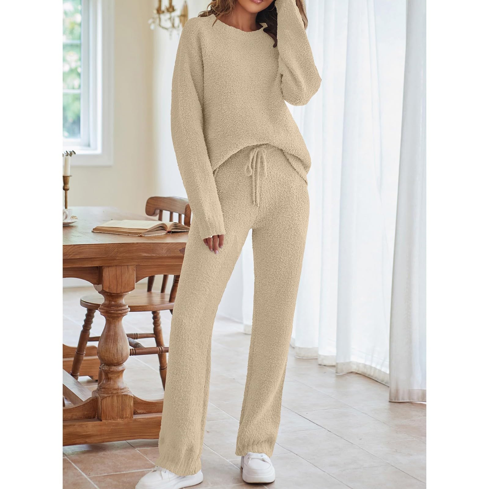Pijama de forro polar de talla grande para mujer, conjunto de ropa de descanso de dos piezas para mujer, pijama suave y esponjoso, manga larga, casual, cuello redondo, ropa de dormir con bolsillos