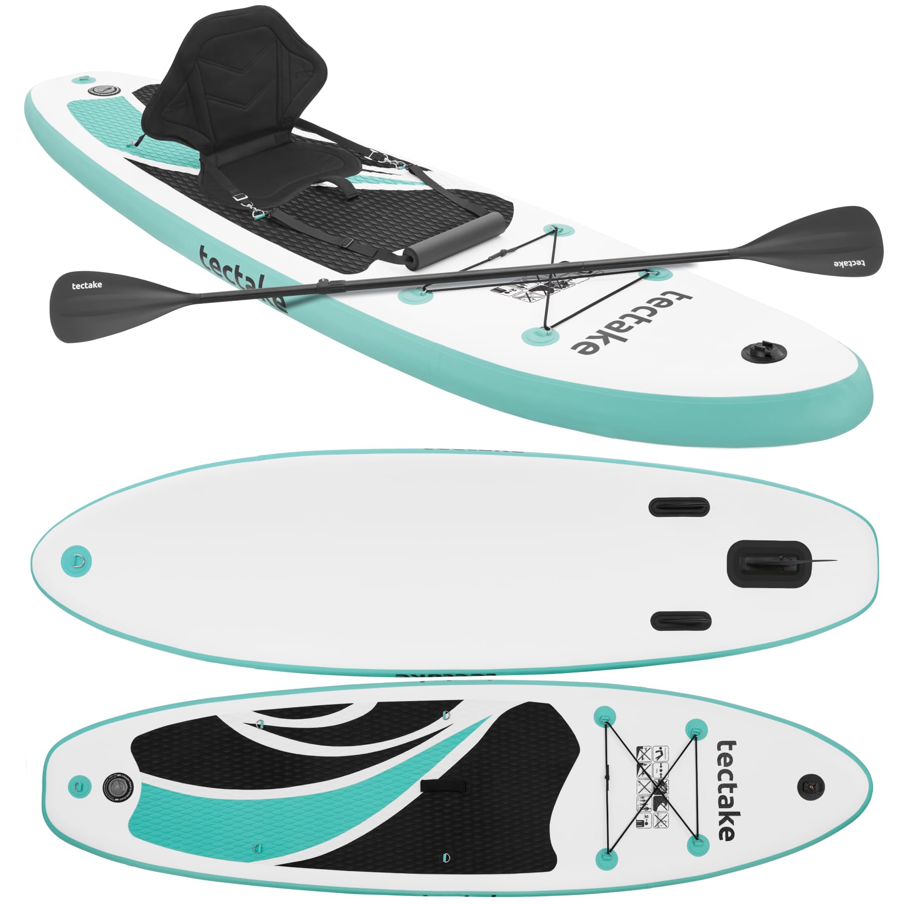 tectake® Tabla Paddle Surf Hinchable, Soporte Cámara, Kayak, 200 kg | Soporte para Cámara, Asiento de Kayak Convertible, Capacidad 200 kg, Superficie Antideslizante, SUP, Blanco y Turquesa