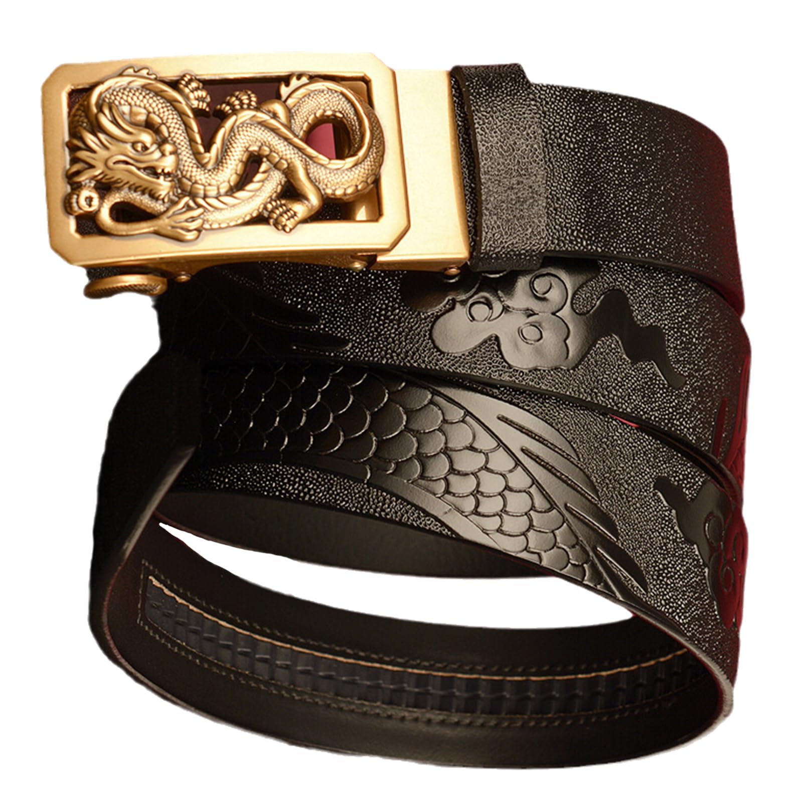 Cinturón De Trinquete Deslizante Con Dragón Grabado Y Hebilla Automática Ajustable. Clásico, Estilo Casual
