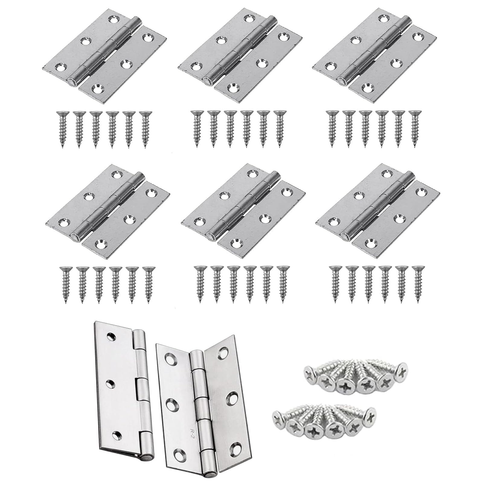Mzoyouro No 6Pcs Stainless Steel Door Hinges, Hinges For Wood, Small Door Hinge, Door Butt Hinges Folding 63Mm Silver For Furniture Hardware Cabinet Closet Drawer