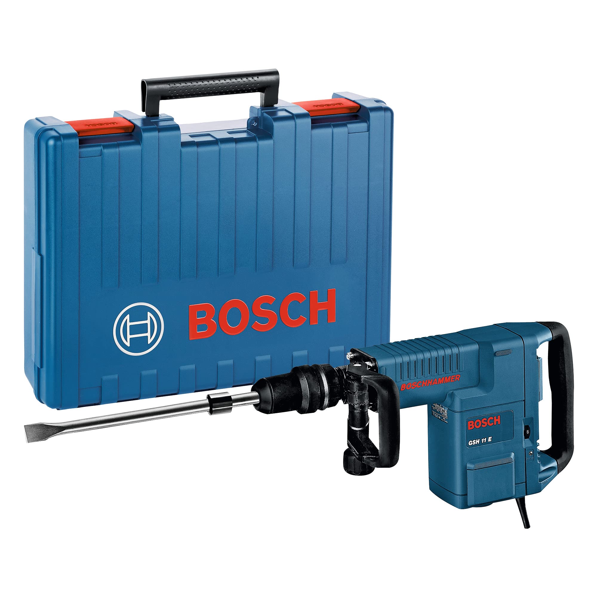 Bosch Professional: młot udarowy GSH 11 E (1 500 W, liczba udarów przy nominalnej prędkości obrotowej 900 – 1.890 min-1, rękojeść dodatkowa, 1 dłuto płaskie, smar w tubie, sukno maszynowe, walizka)