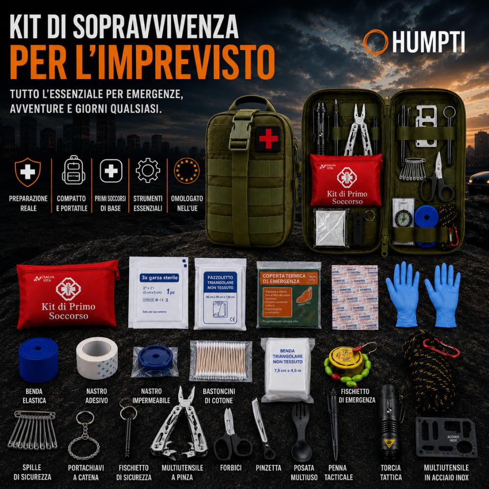 Kit di sopravvivenza UE 2025 con zaino, astuccio per farmacia e torcia, copertura termica sopravvivenza, coltello da sopravvivenza militare professionale, ascia, medicazioni, fischietto e bussola