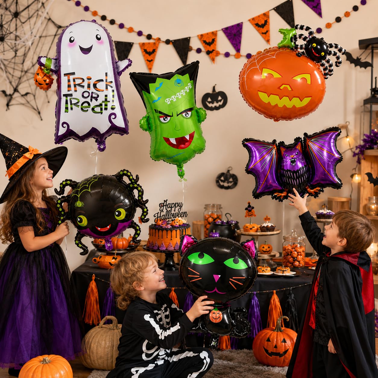 Halloween Deko Folienballon Set, 6 Stück XXL Luftballon Geist Katze Spinne Kürbis Fledermaus Grün Monster Kopf Happy Halloween Ballon für Kinder Horror Thema Trick or Treat Gruselig Party Dekoration