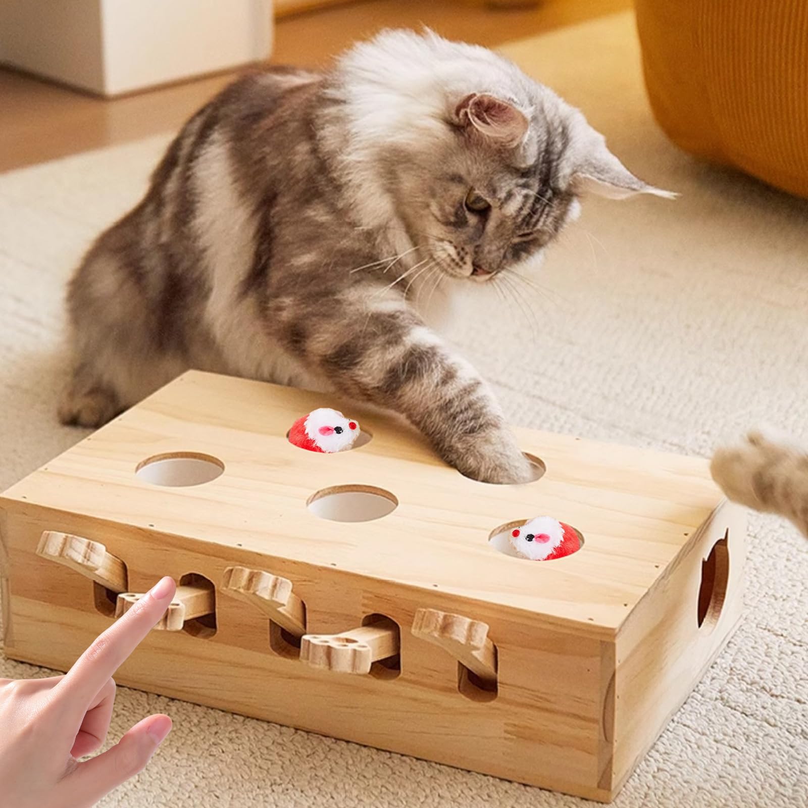 Juguete interactivo para gatos, 5 agujeros, ratones, un topo de ratón, juguete de madera para gatos, caza, juego, entrenamiento para rascarse (color madera)