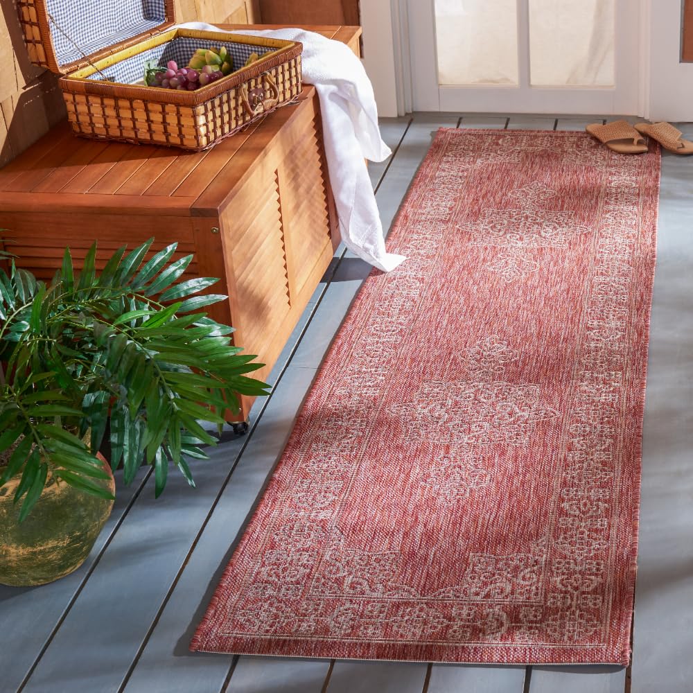 SAFAVIEH Washable Rug Outdoor Courtyard Collection - 2'3" x 8' Runner, Rust & Ivory, Non-Shedding & Easy Cleaning, Ideal for Patio, Entryway, Mudroom,