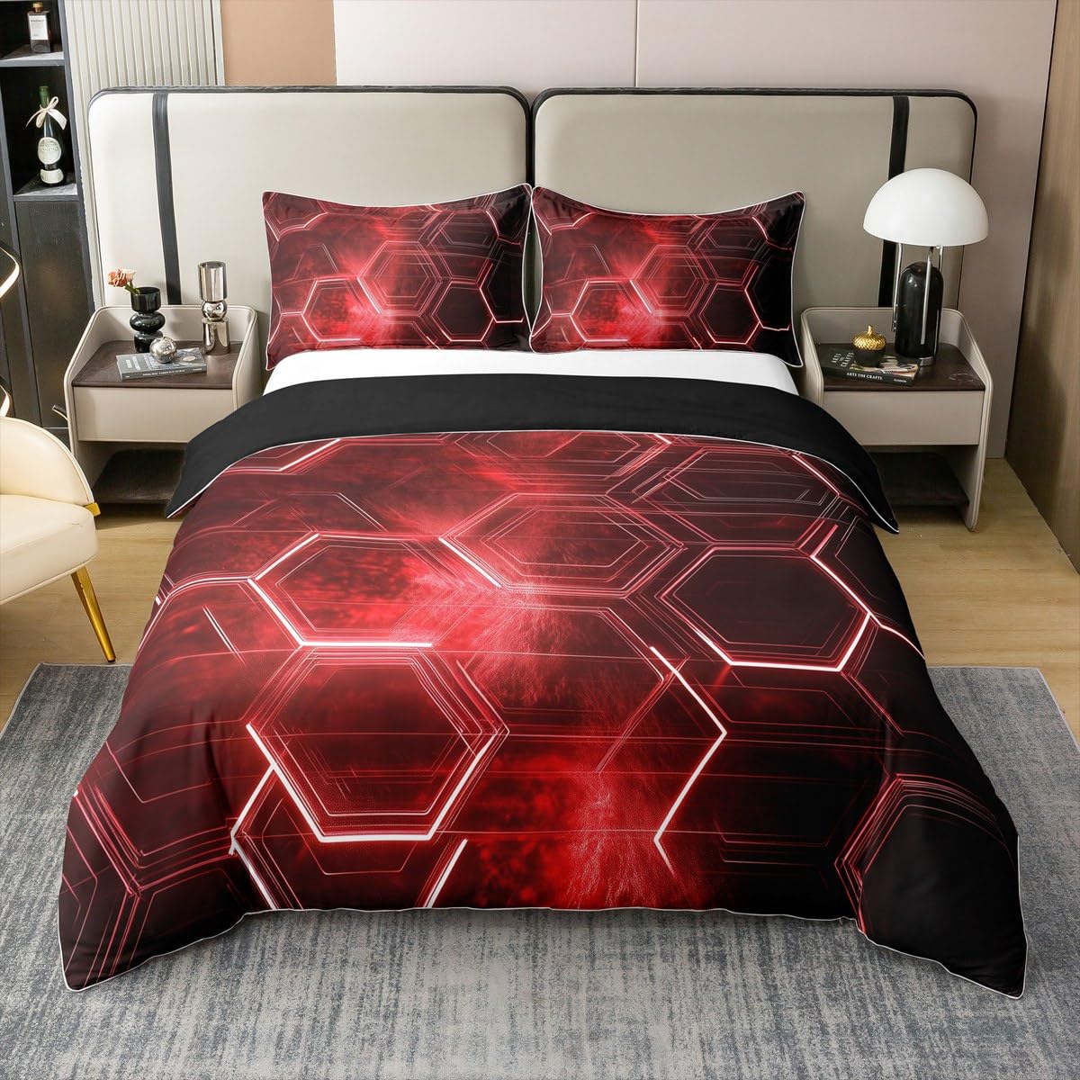 Loussiesd Red Black Honeycomb 100% Cotton Duvet Cover King Size Kids Hexagonal Comforter Cover for Boys Girls Teens Neon Geometrical Bedding Set Breathable Beehive Bedroom Decor Bedclothes