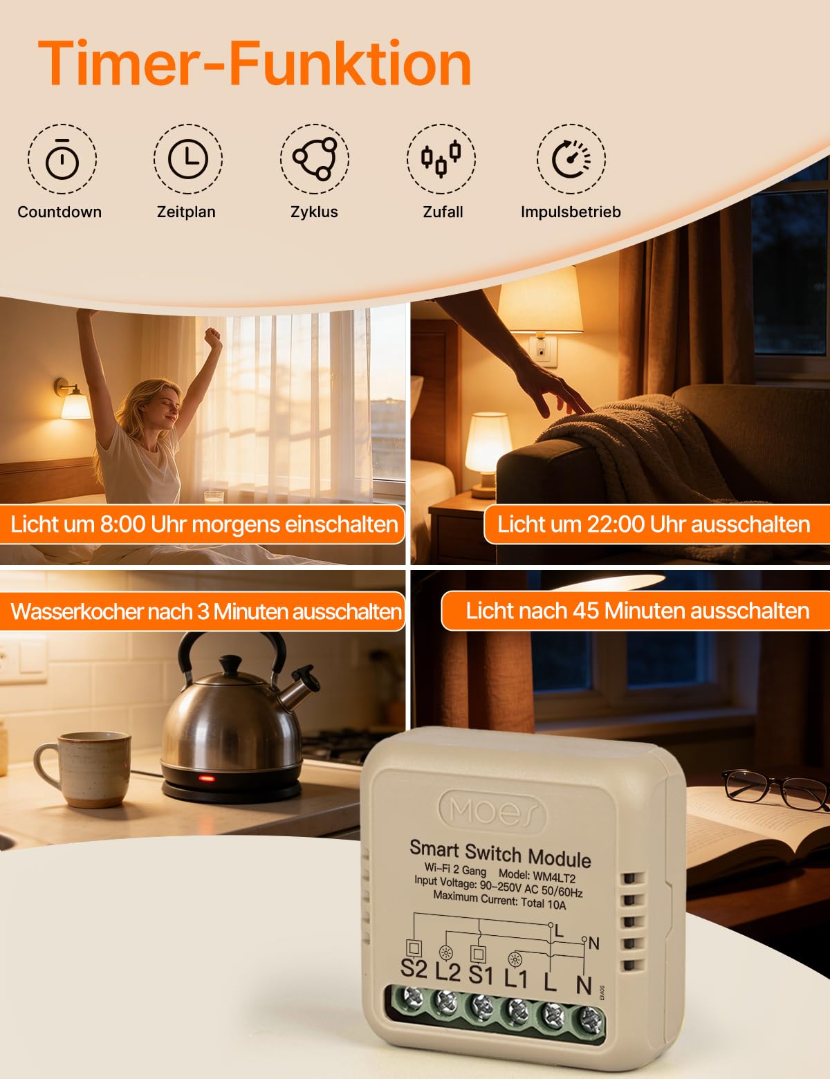 MOES WLAN Lichtschalter Unterputz, Mini Smart Relais Modul 2-Fach 4 stück