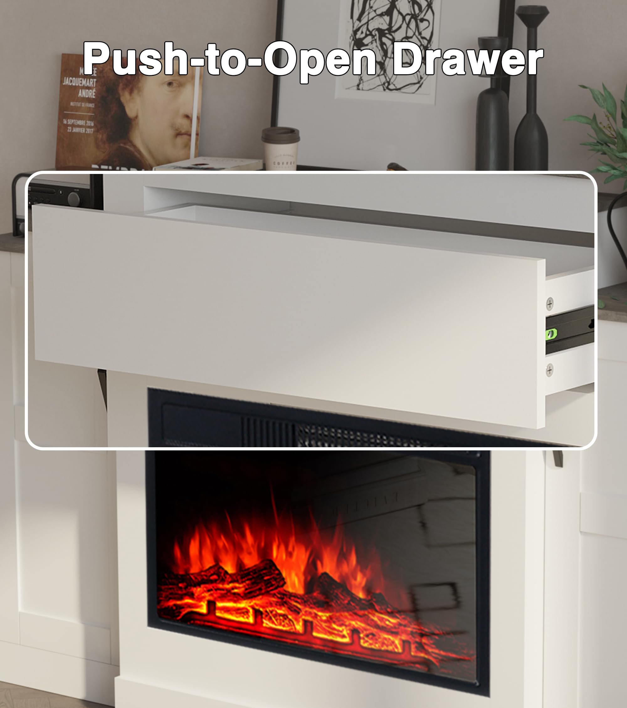 Elektrischer Kamin mit TV-Halterung, Entertainment-Center mit 23-Zoll-Heizung, Schublade mit Drucköffnung und Fernbedienung, 150 cm