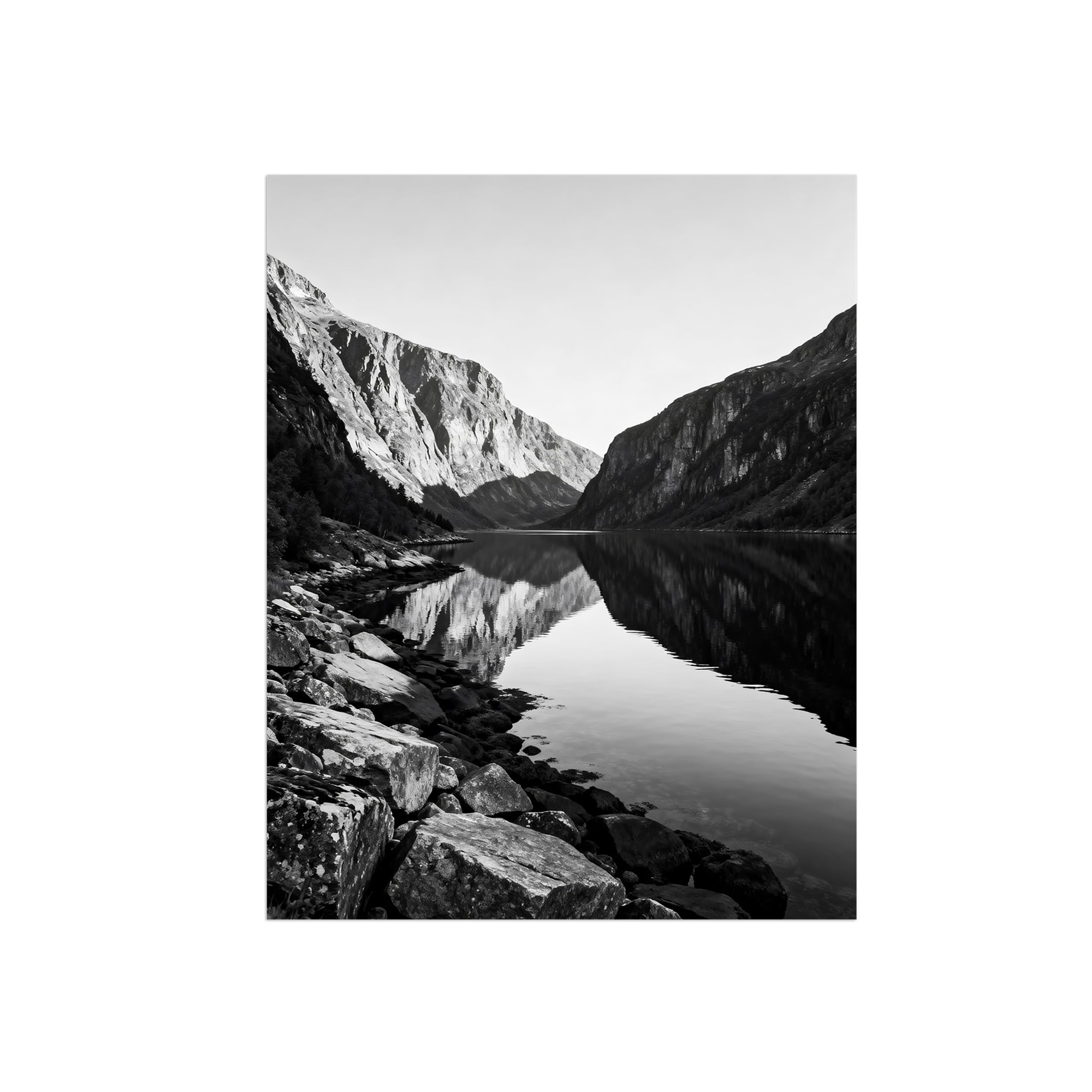 Lake Mountain No.7 Black White Landscape Wall Art Prints 80x105cm Unframed