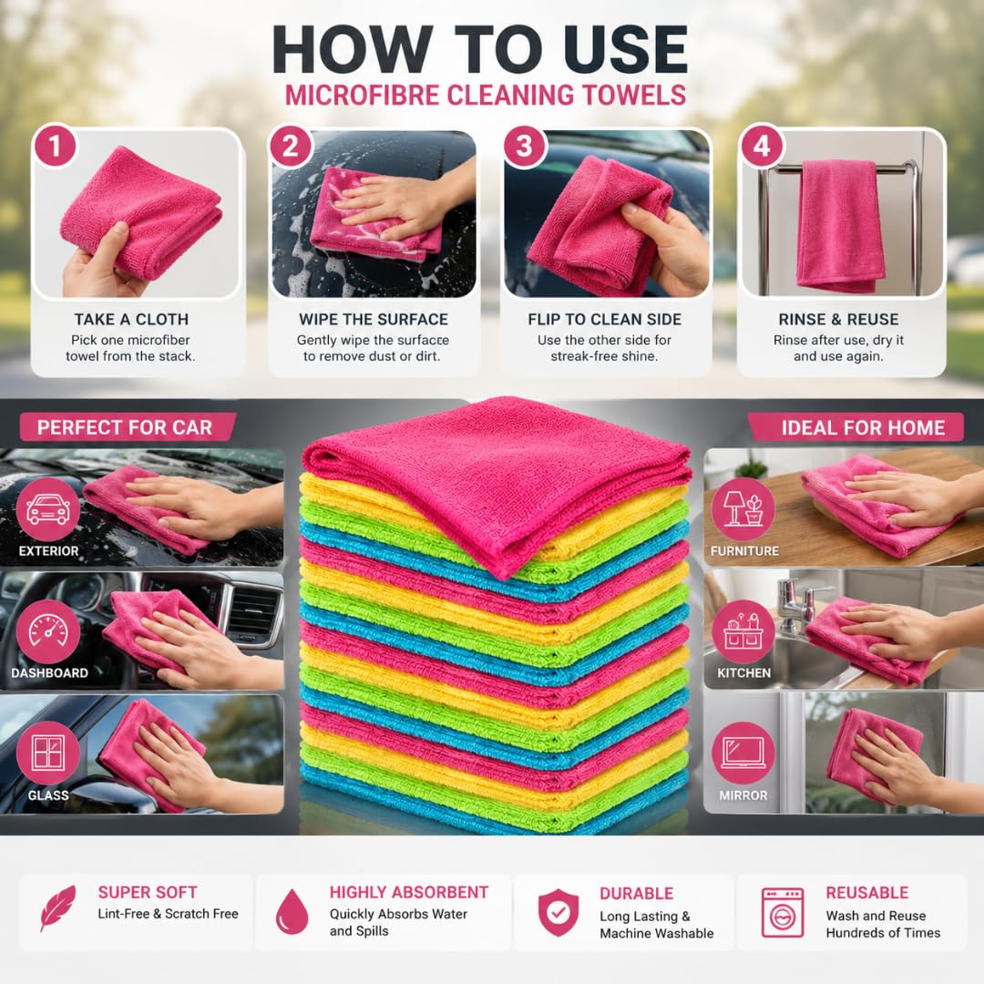 G.FIDEL 4 PC Microfibre 340 GSM Car Cleaning Towels Extra Soft Scratch Free Cloth Multipurpose Cloth Towel for Home, Office, Kitchen Use (Multicolor/40X40CM) 1