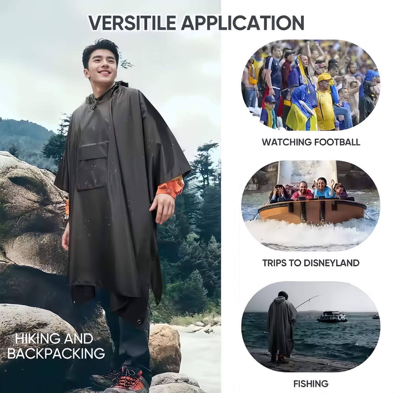 Regenponcho Wasserdicht Wiederverwendbar Leichte Jacke mit Kapuze, 3-in-1 Tarp & Stuff Sack für Camping, Wandern, Radfahren, Reisen - 210T PU3000mm