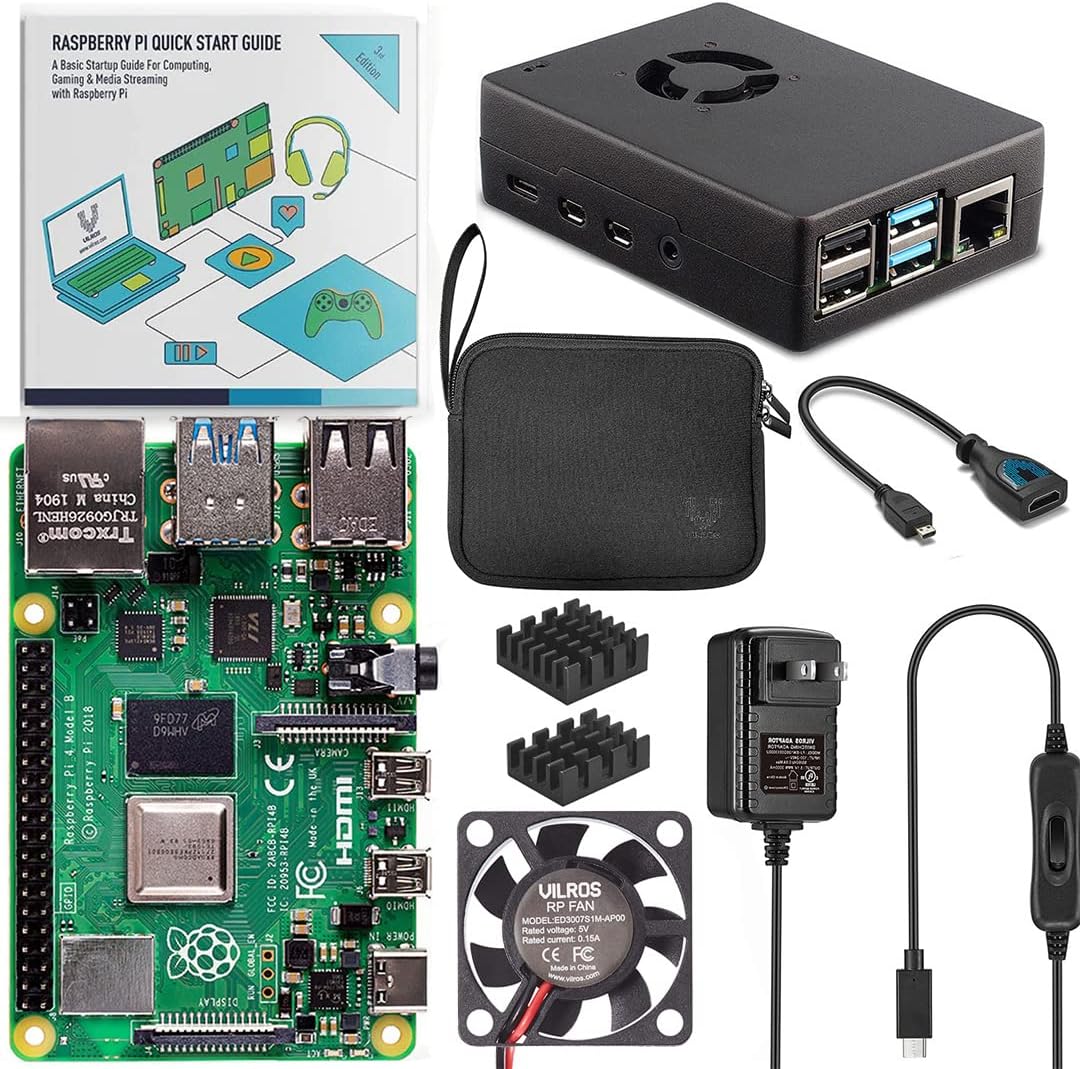 Raspberry Pi 4 8GB Basic Starter Kit with Fan Cooled Heavy Duty Aluminum Alloy Case (Black Case)
