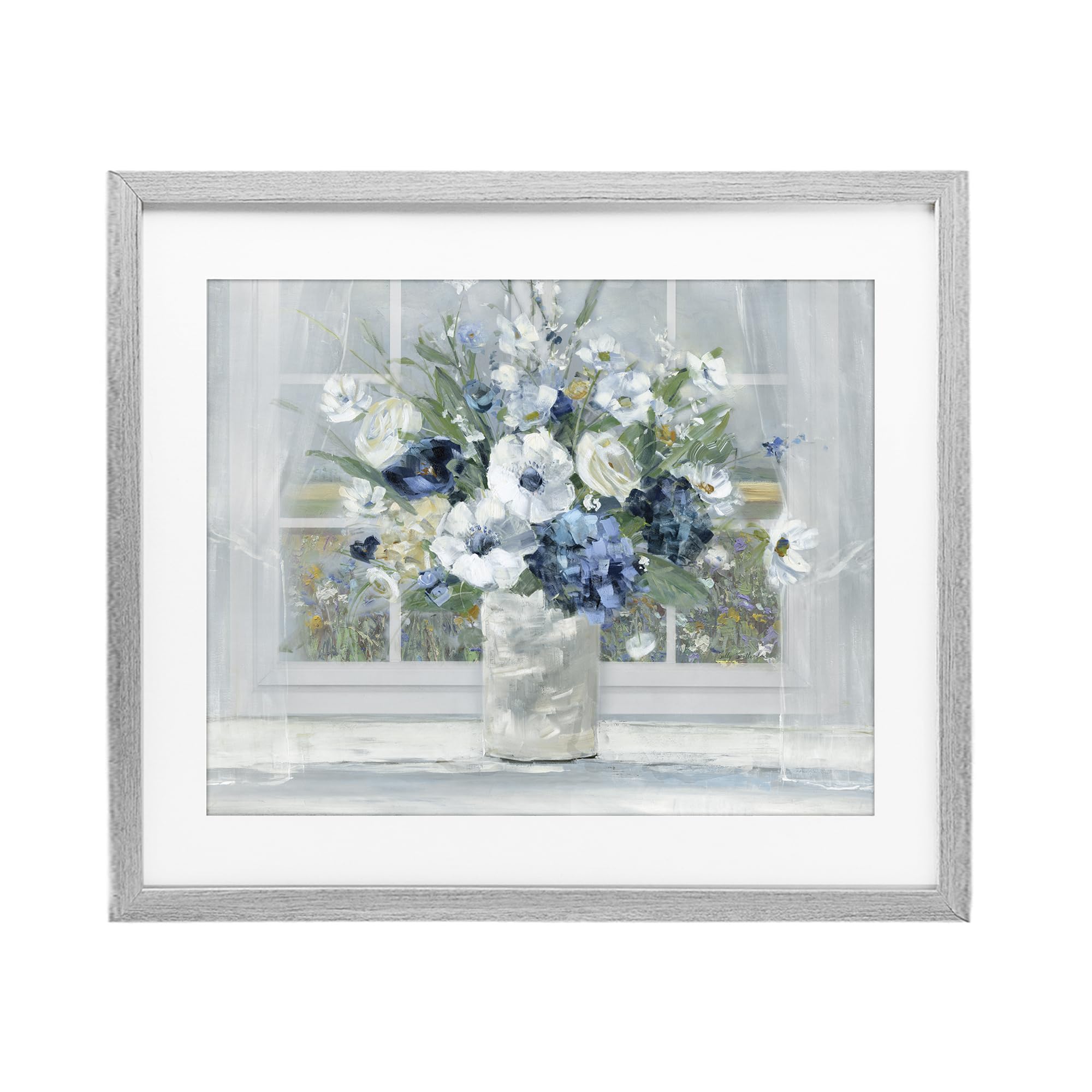 Stupell Industries Farmhouse Gray (Textured) Blue Hydrangea Anemone Bouquet, 13 X 16 Inch Framed Print Under Glass