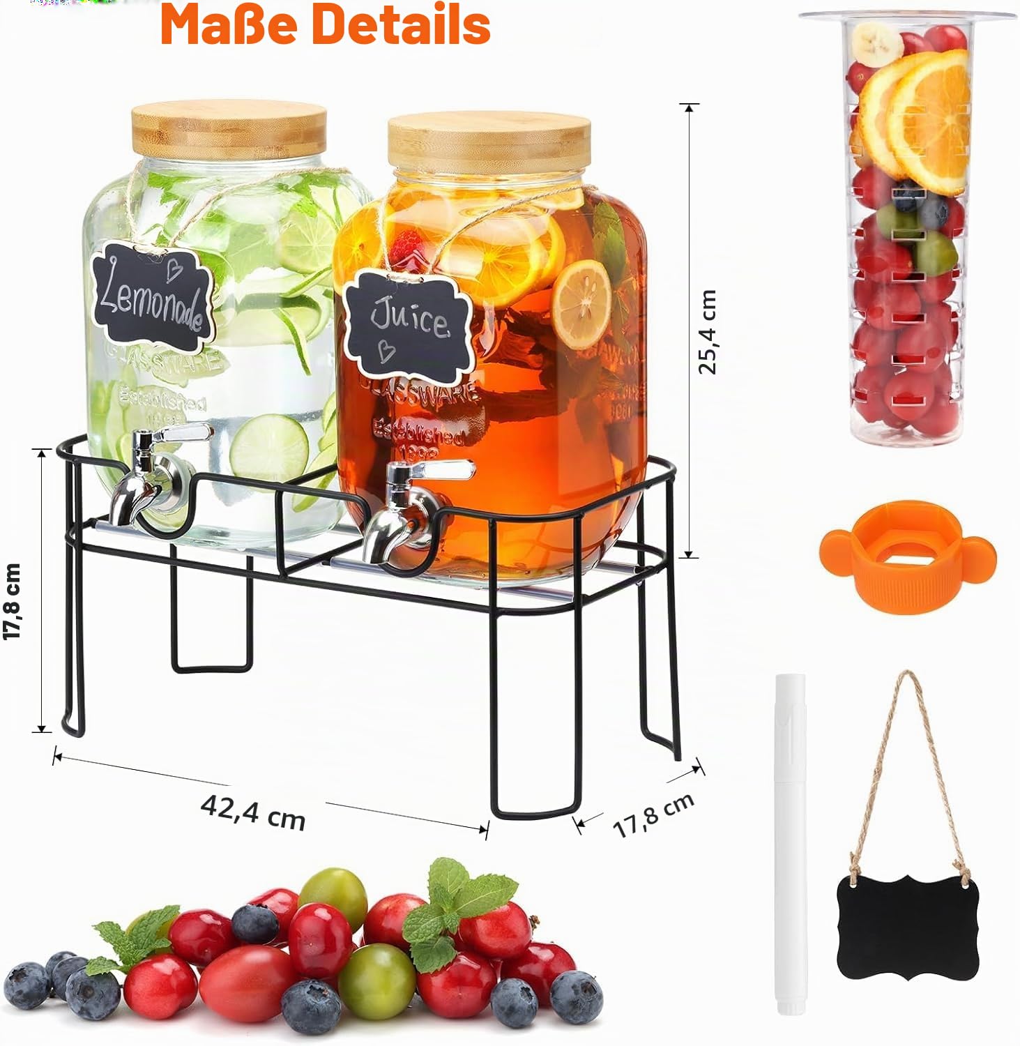 2 x 4-Liter-Getränkespender mit Ständer, Glas-Getränkespender mit Zapfhahn aus massivem Edelstahl für Eistee, Wasser, hausgemachte Getränke, Partys, Hochzeiten