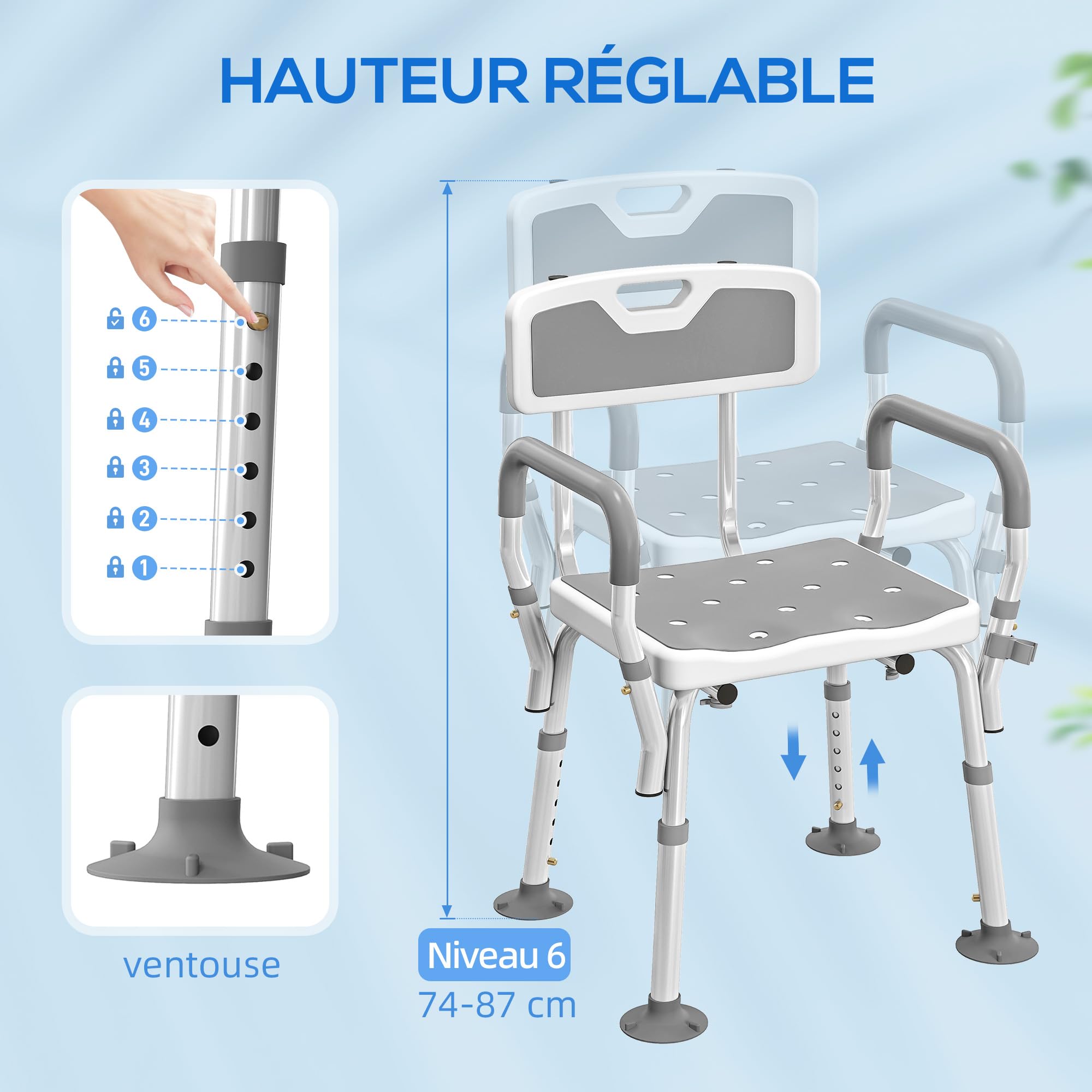 HOMCOM - Taburete de ducha ergonómico, altura ajustable, 136 kg, color gris claro | Silla de ducha, patas antideslizantes, Alu HDPE