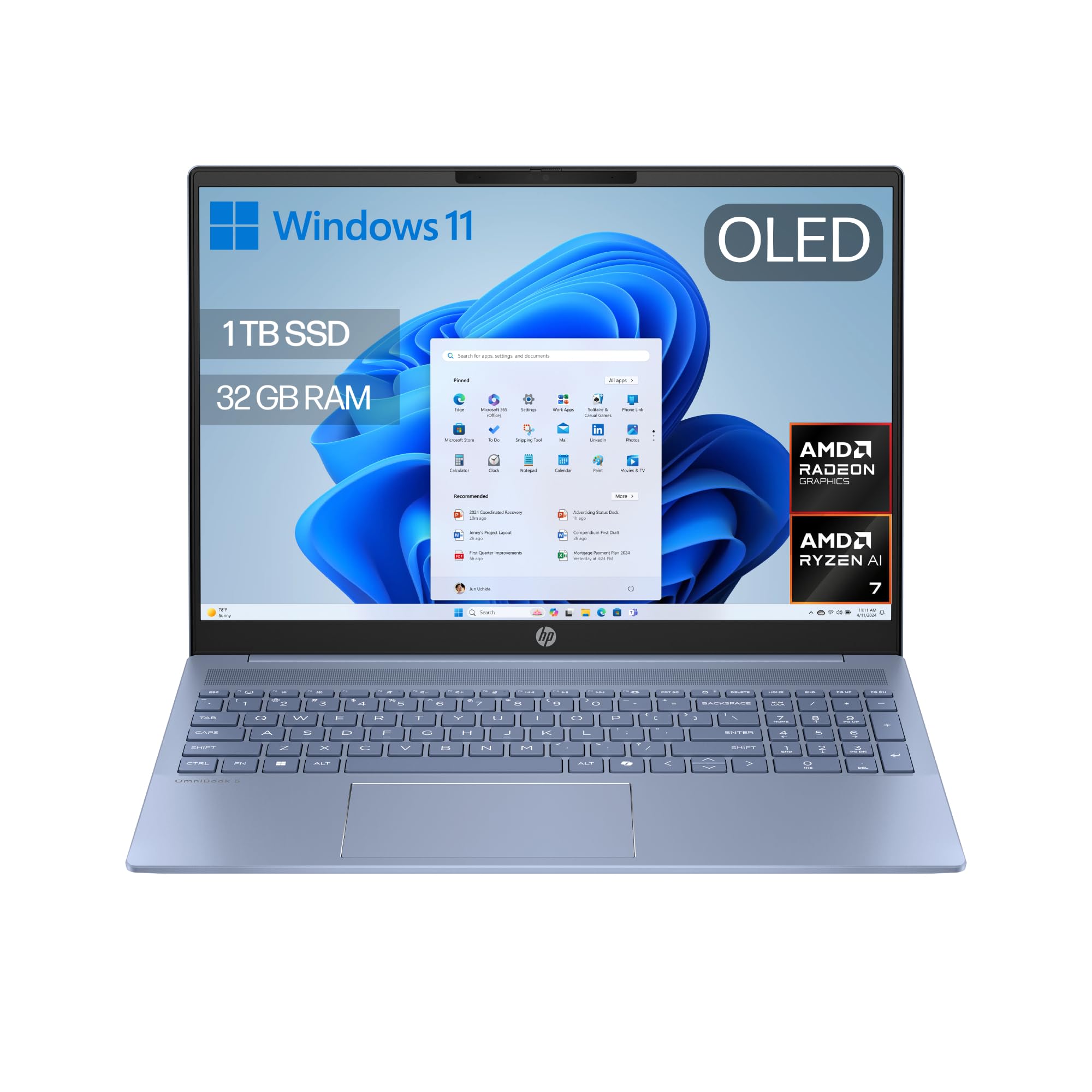 HP OmniBook 5 16″ OLED, Ordenador portátil (Procesador AMD Ryzen AI 5 330, 32GB RAM, 1TB SSD, Gráficos AMD Radeon 820M, Windows 11 Home) Azul - Teclado QWERTY Español — view 7