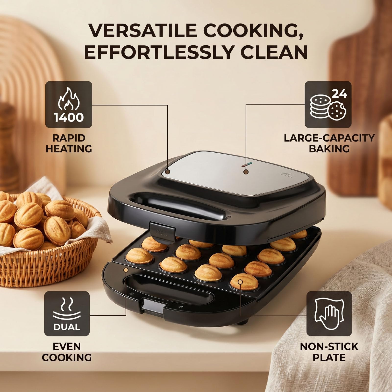 Elektrischer Kegelbäcker, 1400 W, Walnuss-Kuchenform, Antihaftbeschichtet, Sandwich-Grill-Toaster für Hausgemachte Desserts, Gebäck, Snacks, 24 Kapazitäten, Schnelles Erhitzen, (EU-Stecker