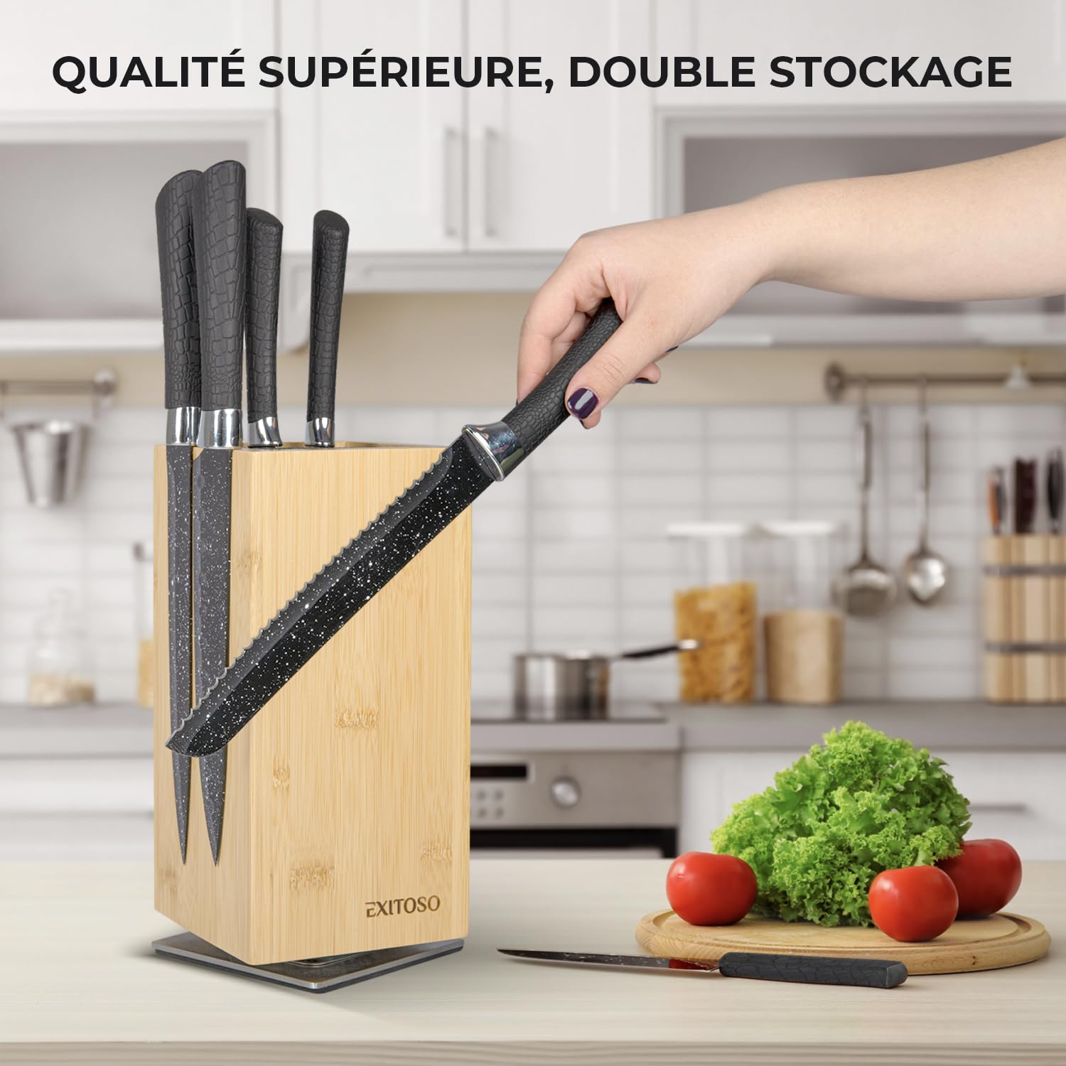 Exitoso NOUVEAU bloc à couteaux en bambou, rotatif à 360 degrés avec aimants à l'extérieur et insert en poils amovibles - espace pour jusqu'à 20 couteaux | rangement sécuritaire des couteaux