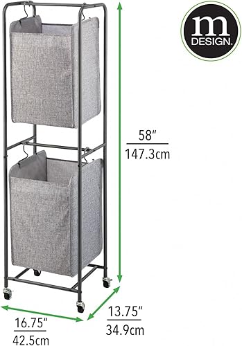 Miniatura 3 de mDesign Cesta vertical apilada para ropa sucia con ruedas, portátil, 2 bolsas extraíbles para organizar ropa, lavandería, luces, oscuridades, marco