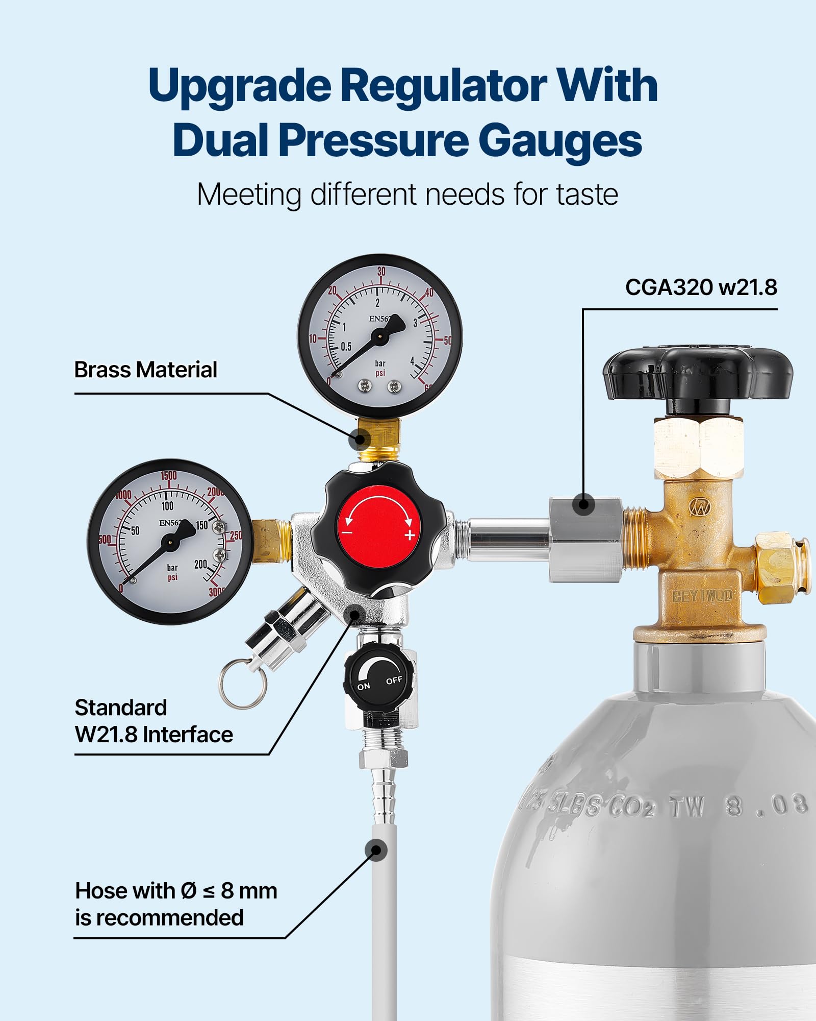 VEVOR Regolatore di CO2, Regolatore di Spillatura per Birra alla Spina con Doppio Manometro e Valvola Singola, Pressione Regolabile 0-60 psi, Compatibile con Raccordo W21.8, per Birra alla Spina