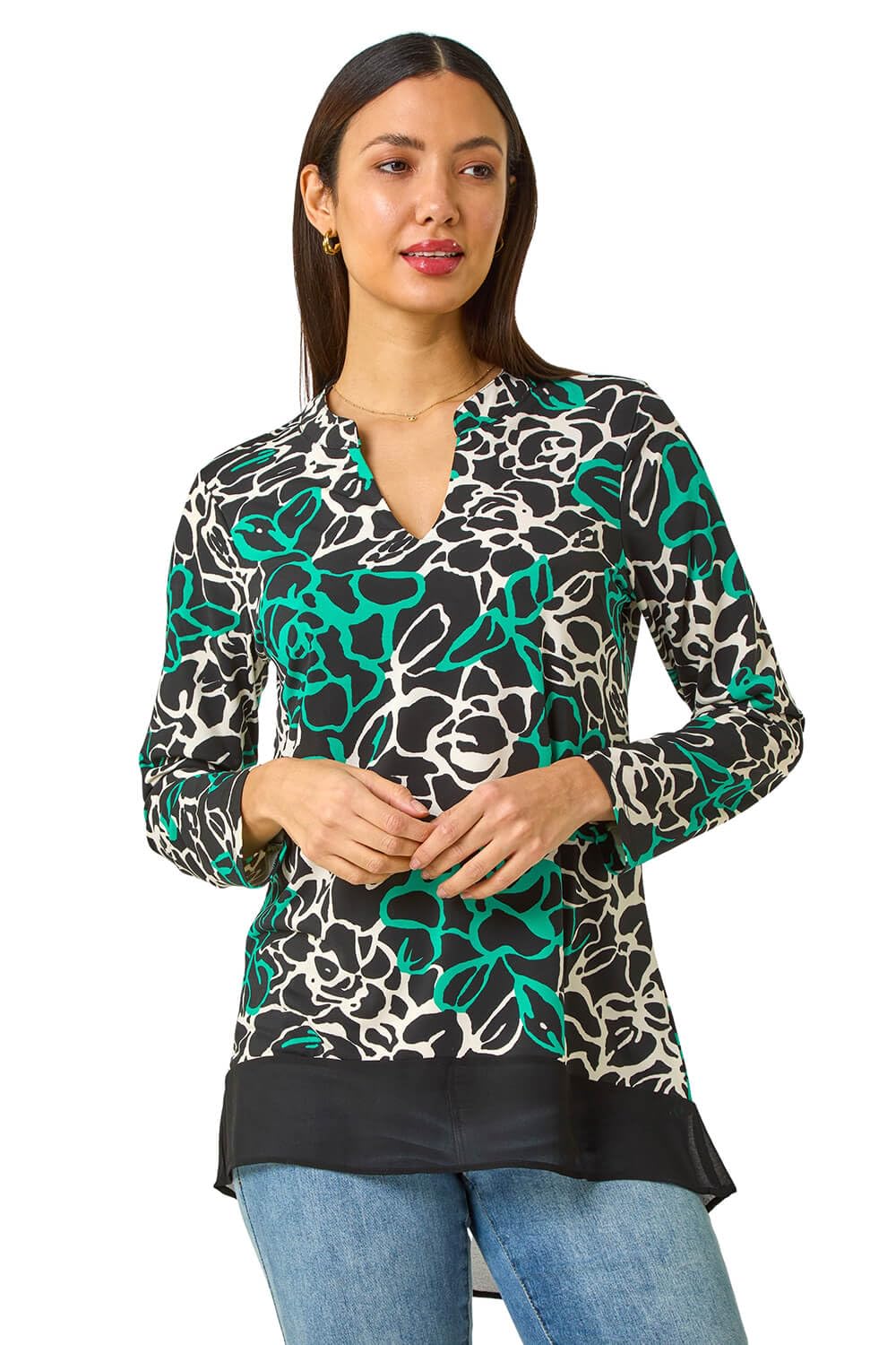 Roman Originals Women's Green Floral Print V-Neck Tunic Top For Uk - Everyday Autumn Winter V-Neckline Comfy Soft Evening Vacation Work Party Night Out - Size 14