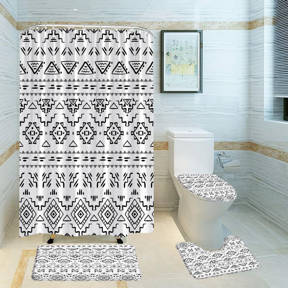 2 Piece Boho Shower Curtain Sets with Bath Mat,Brown Modern Farmhouse Tribal Retro Western Aztec Abstract Mid Century Bathroom Decor Polyester Curtain with Hook