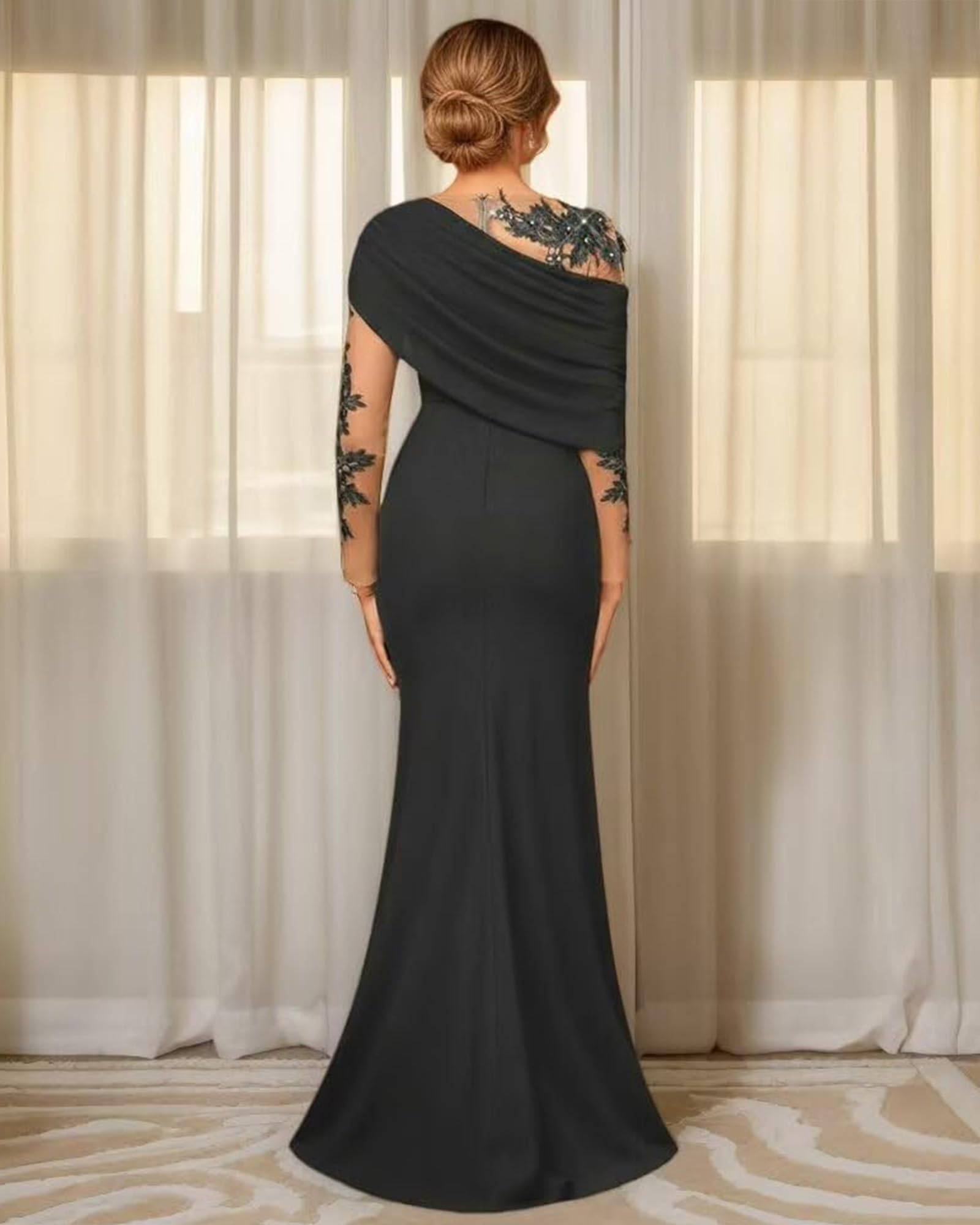 Meerjungfrau Satin Abendkleider Elegant für Hochzeit,Spitzen Brautmutterkleider mit Ärmeln Meerjungfrau Lang Festlich Kleider für Hochzeitsgäste