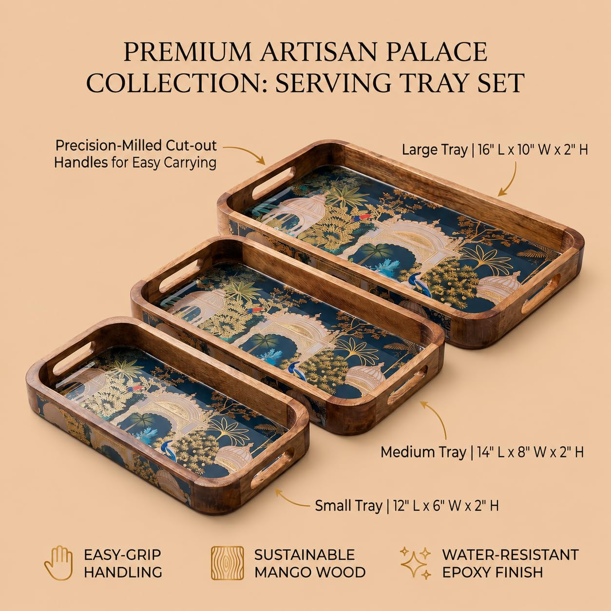 Wooden Serving Tray Set - Gold Engraved Design -3
